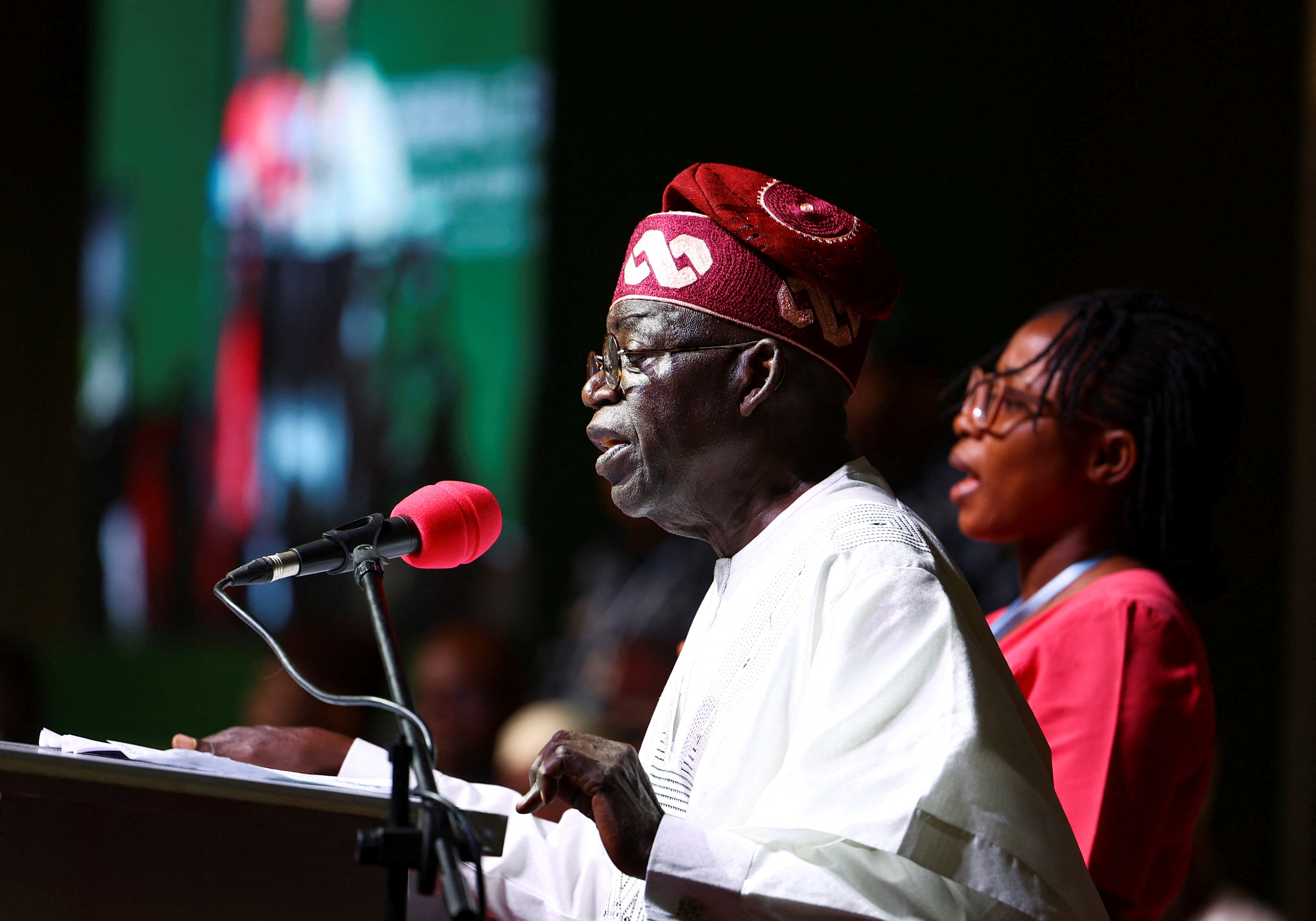 Bola Tinubu speaks at the National Collation Centre in Abuja, Nigeria on March 1, 2023 after being declared Nigeria's new president