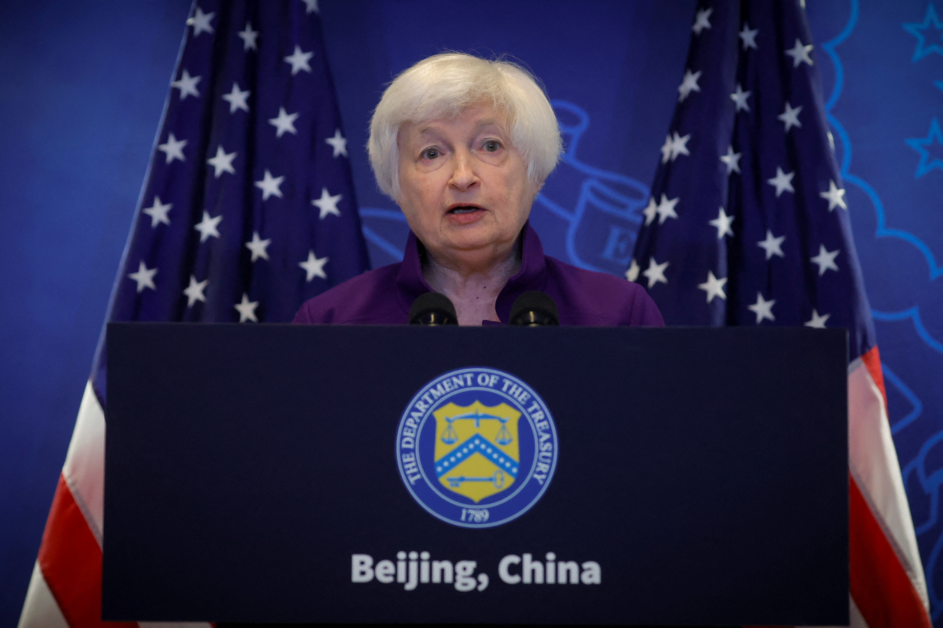 U.S. Treasury Secretary Janet Yellen speaks during a press conference at the U.S. embassy in Beijing, China,