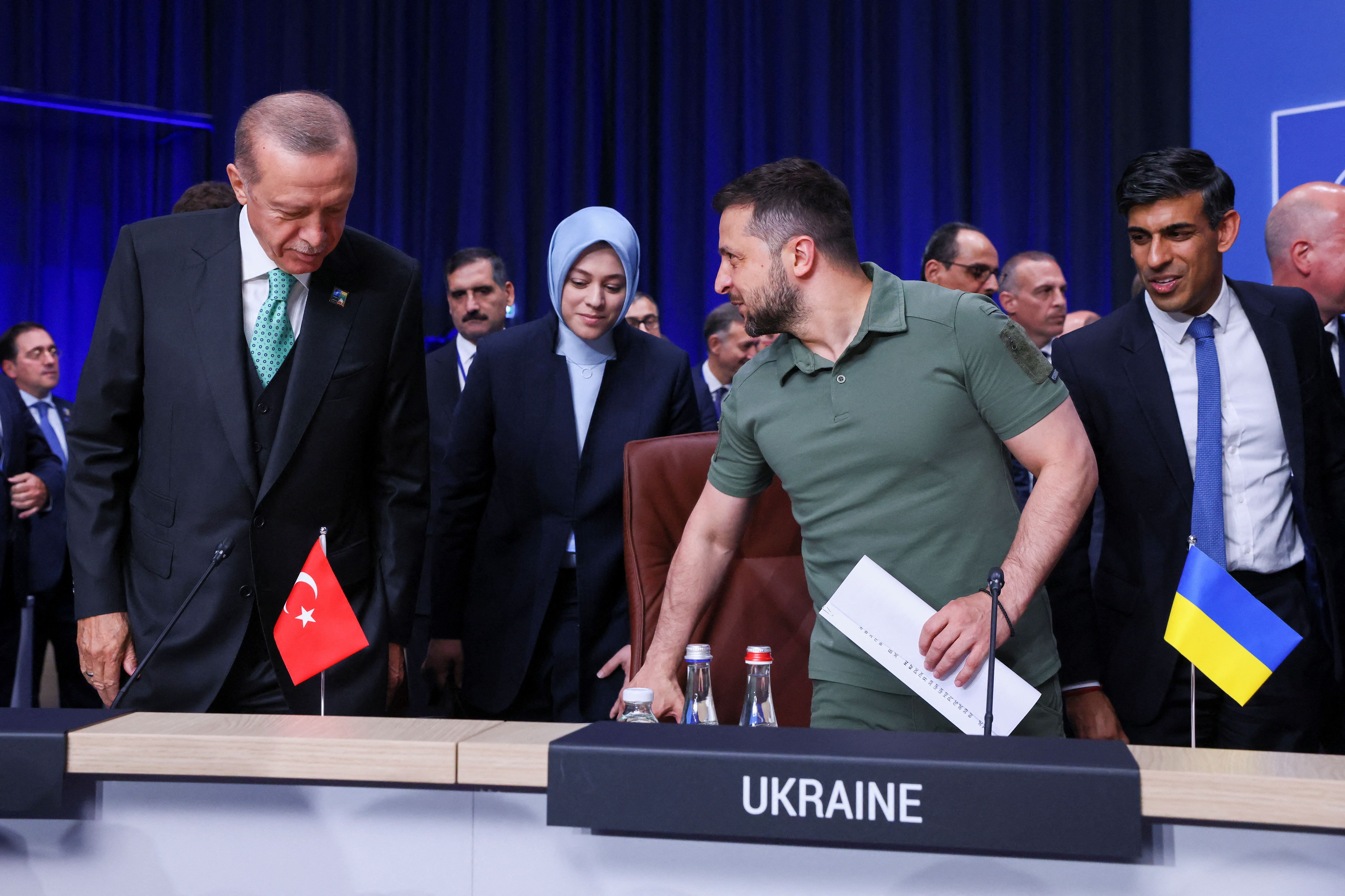 Turkish President Tayyip Erdogan, Ukraine's President Volodymyr Zelenskiy and British Prime Minister Rishi Sunak attend a meeting of the NATO-Ukrainie council, during a NATO leaders summit in Vilnius, Lithuania, July 12, 2023. REUTERS/Yves Herman