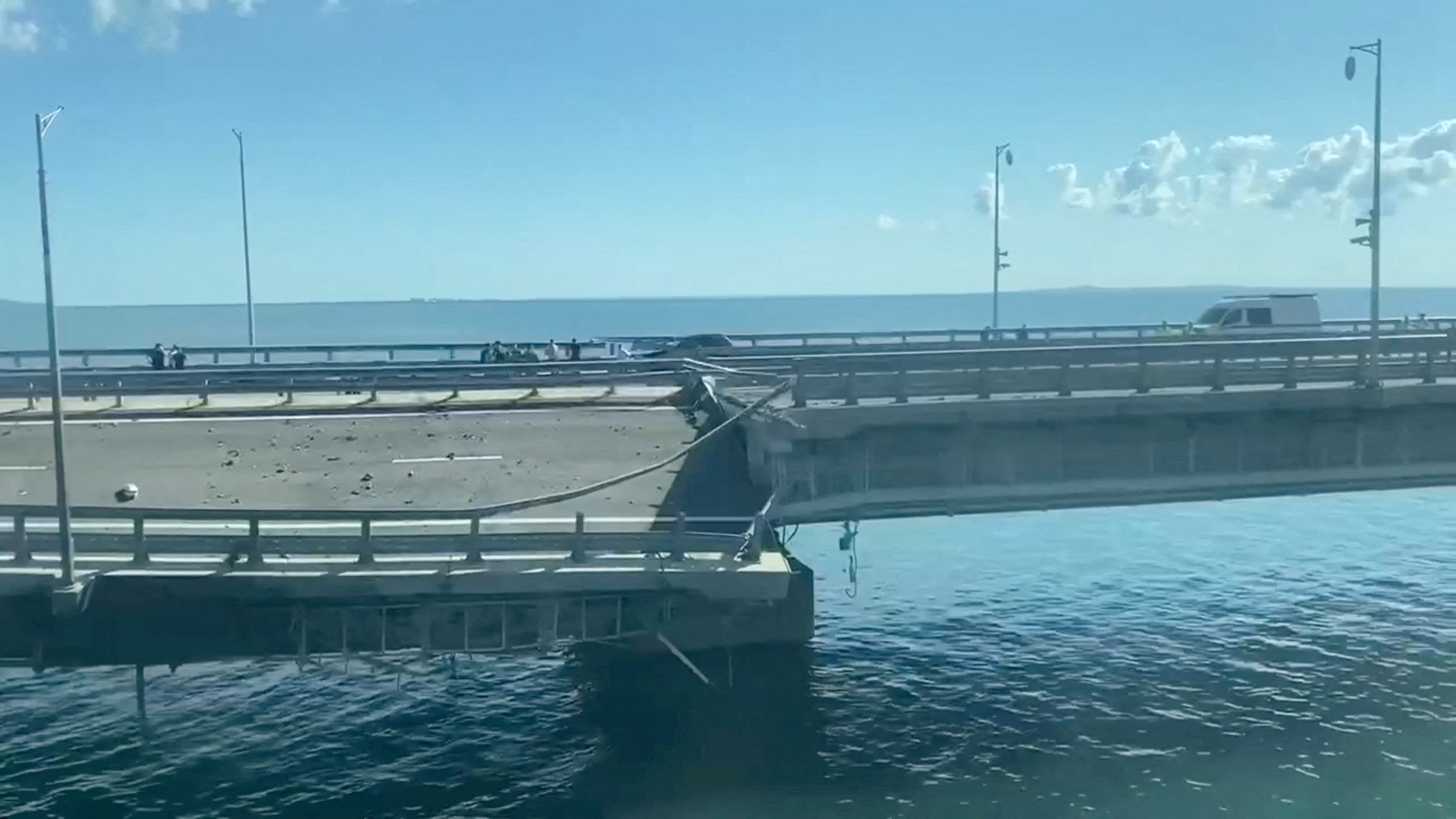 A section of the road split following an attack on the Crimean Bridge