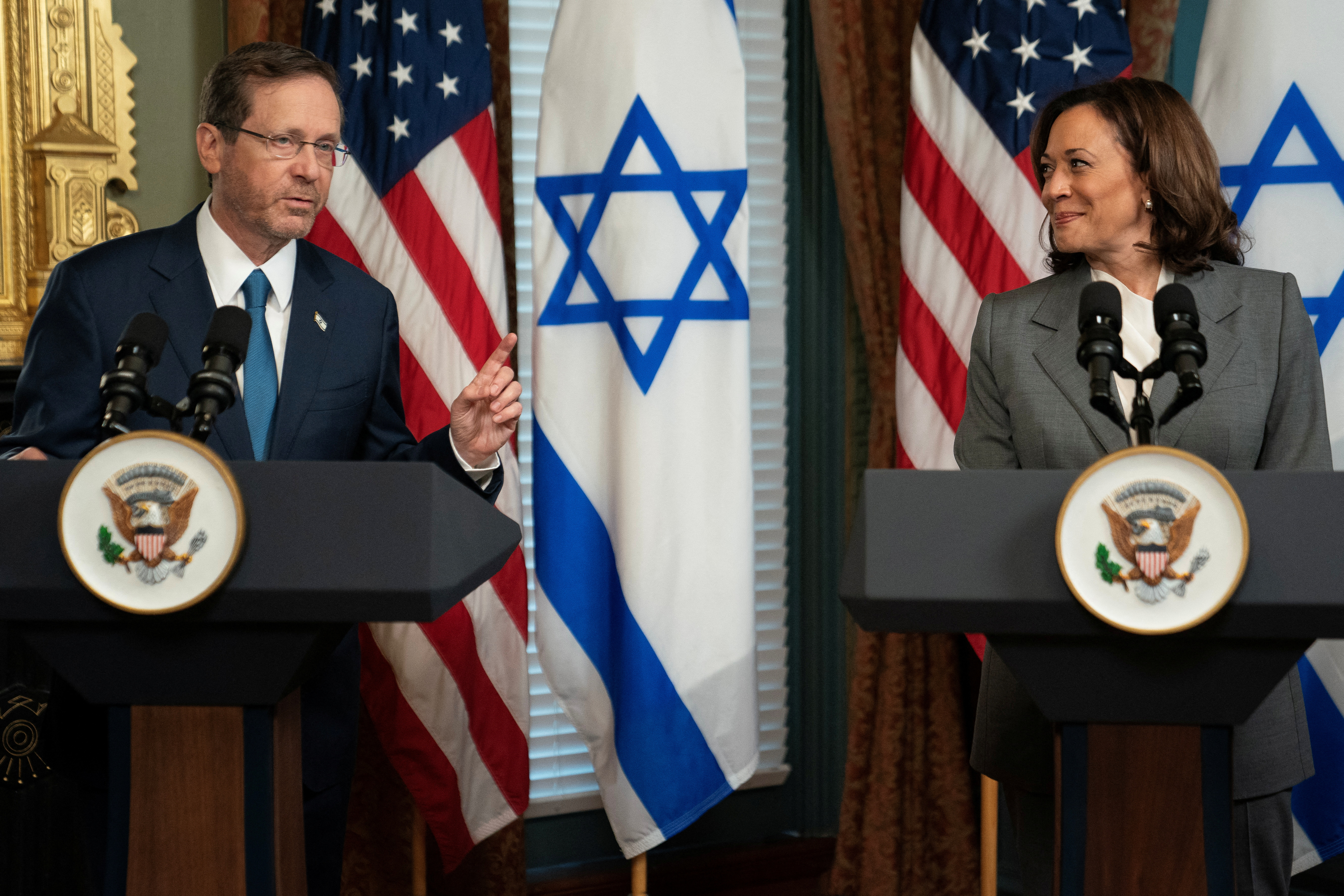 U.S. Vice President Kamala Harris meets with Israeli President Isaac Herzog in her ceremonial offices at the Eisenhower Executive Office Building in Washington