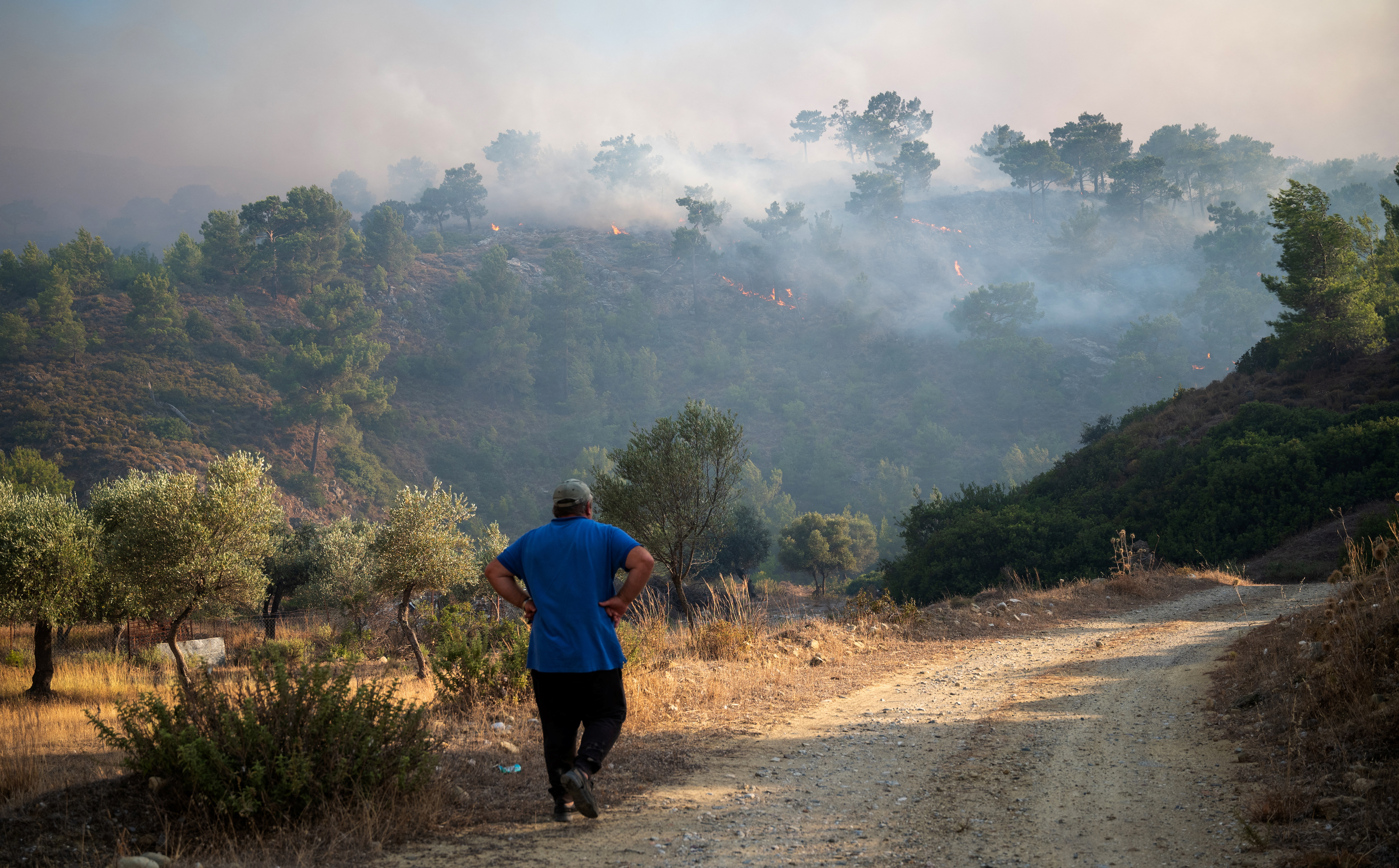 A man walks on a road, as wildfire burns near Lardos