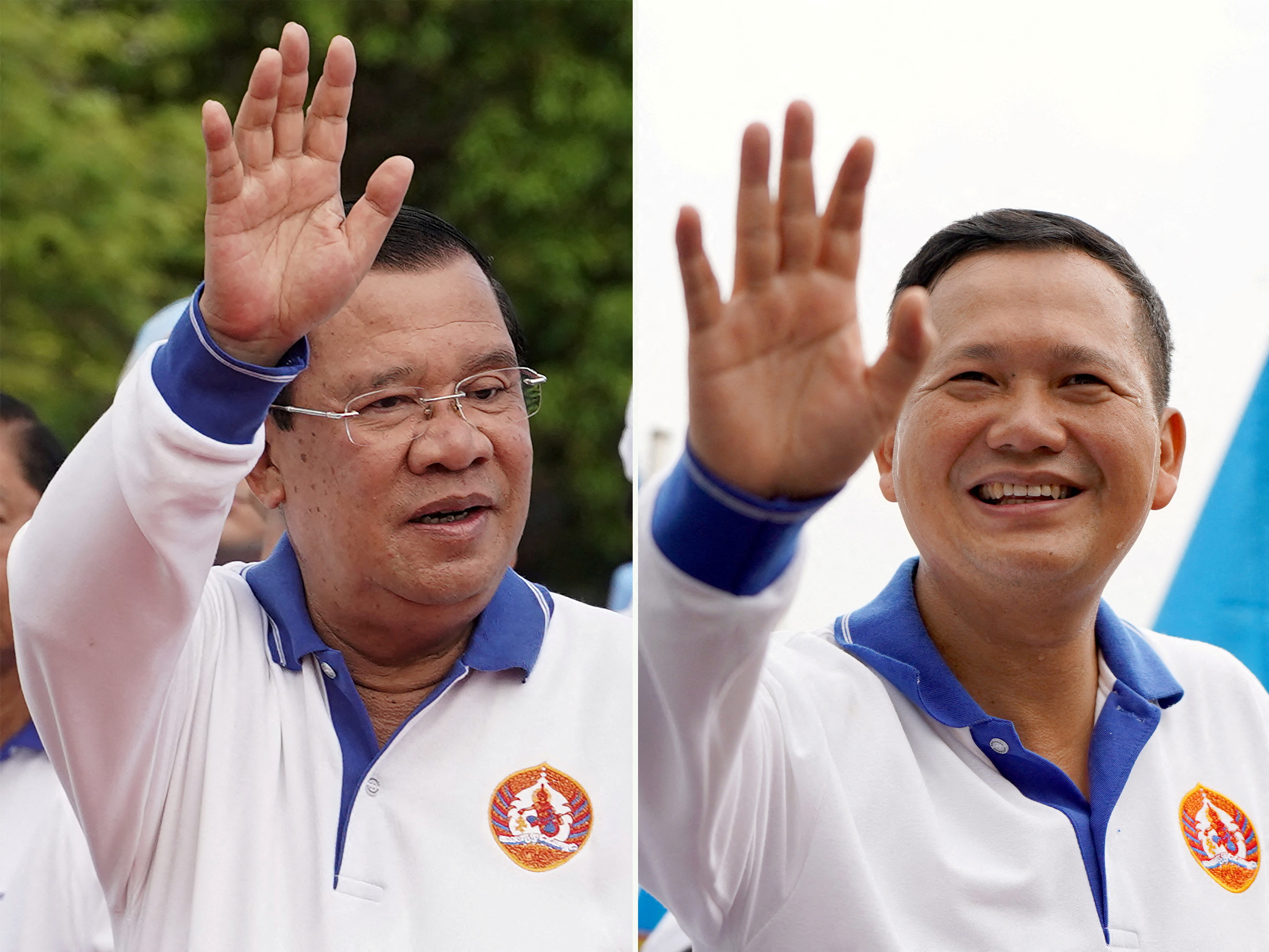 FILE PHOTO: This combination photo shows Cambodia's Prime Minister Hun Sen and his son Hun Manet during election campaign rallies in Phnom Penh, Cambodia, July 1, 2023 and July 21, 2023 respectively.