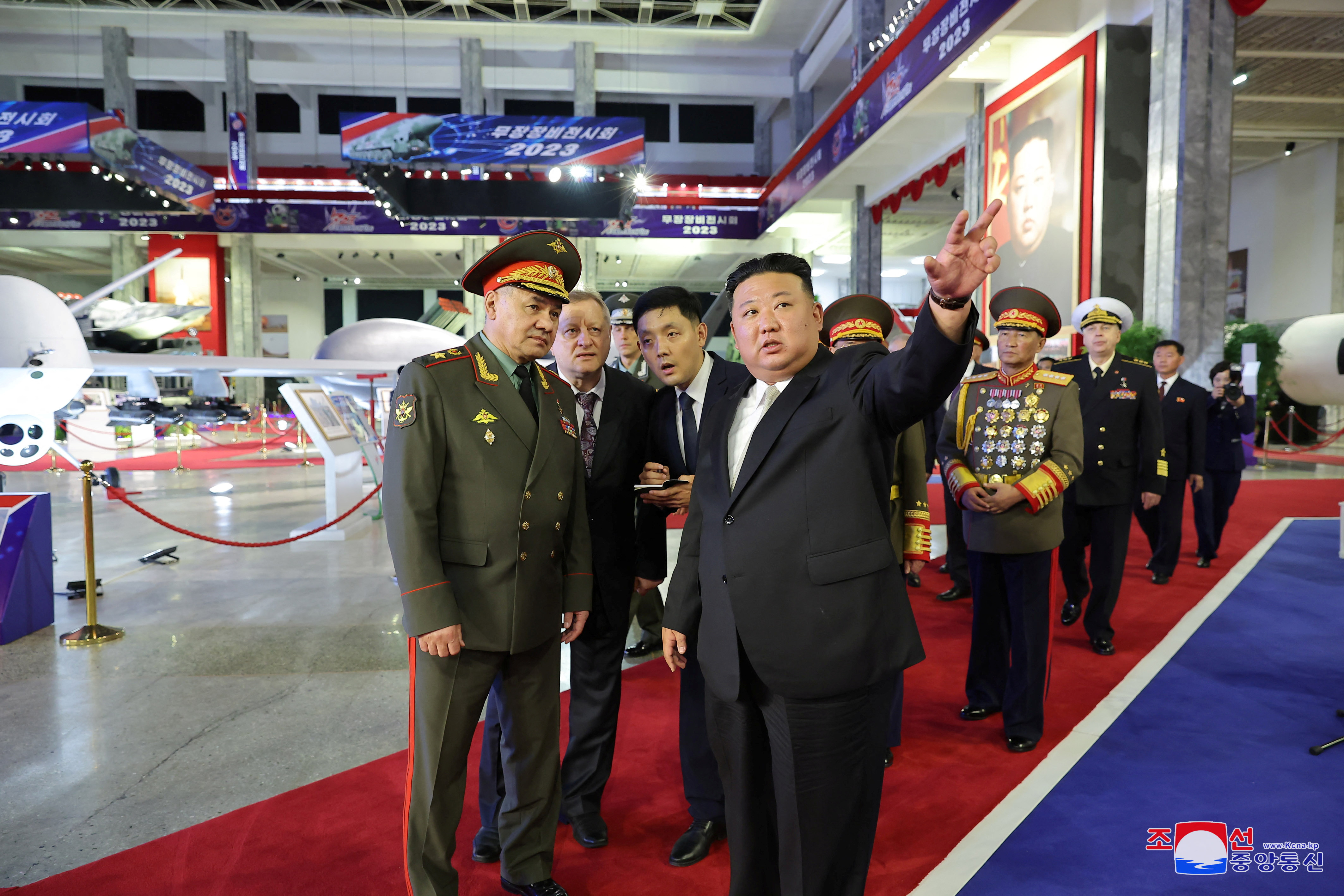 North Korean leader Kim Jong Un and Russia's Defense Minister Sergei Shoigu visit an exhibition of armed equipment on the occasion of the 70th anniversary of the Korean War armistice in this image released by North Korea's Korean Central News Agency on July 27, 2023. KCNA via REUTERS ATTENTION EDITORS - THIS IMAGE WAS PROVIDED BY A THIRD PARTY. REUTERS IS UNABLE TO INDEPENDENTLY VERIFY THIS IMAGE. NO THIRD PARTY SALES. SOUTH KOREA OUT. NO COMMERCIAL OR EDITORIAL SALES IN SOUTH KOREA.