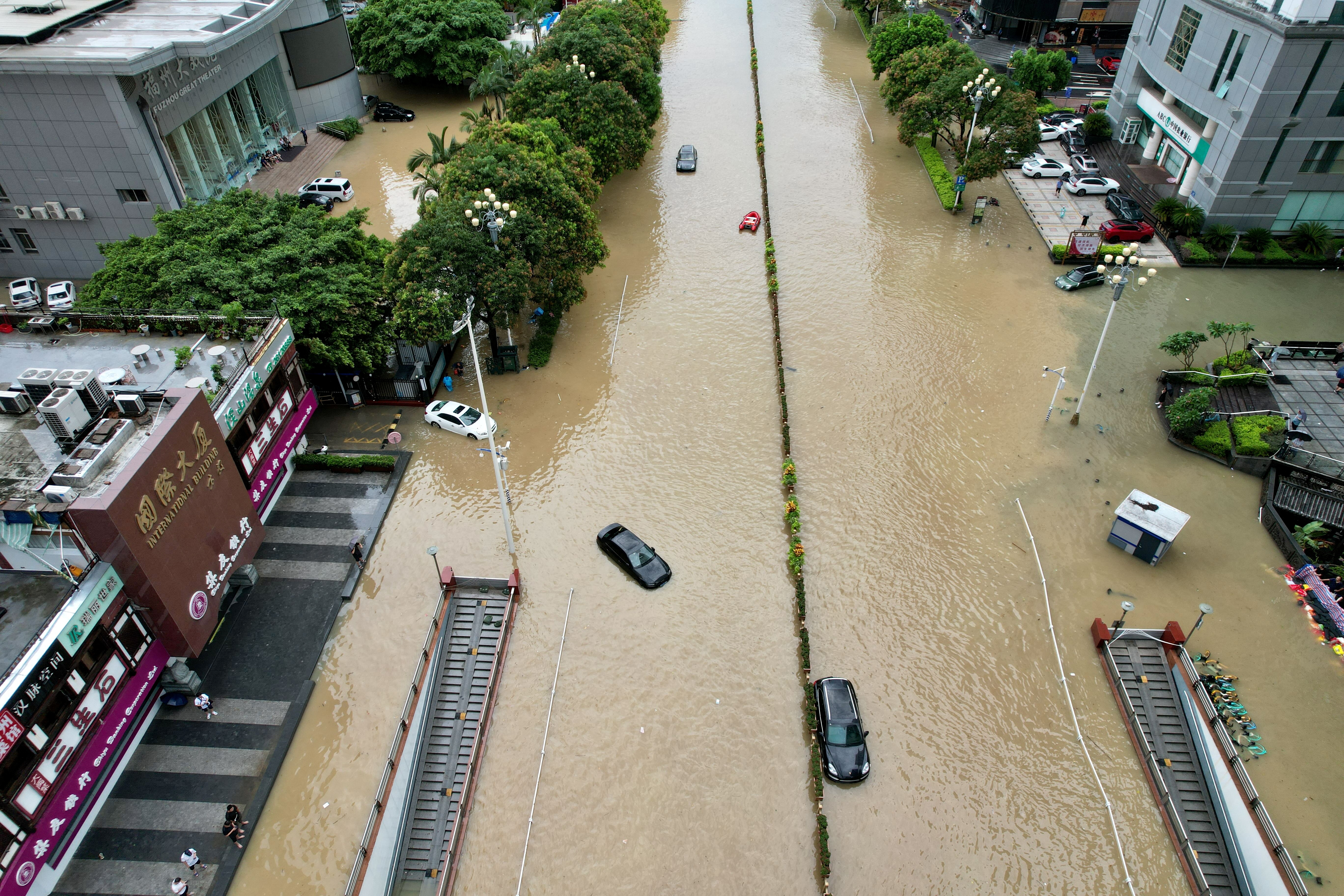 An aerial view shows flooding