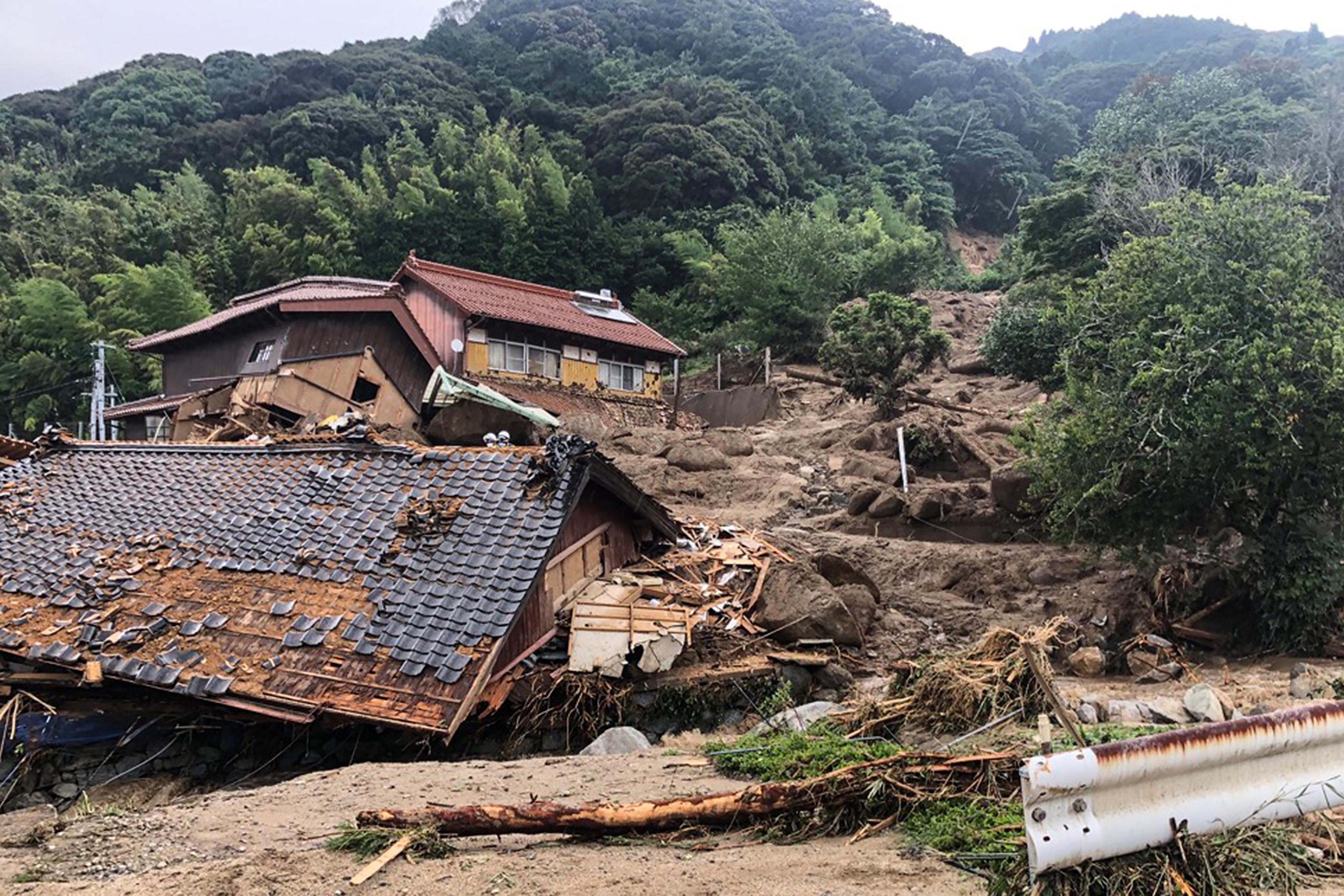 This handout photo taken on July 10, 2023 and provided courtesy of the Karatsu City local government office shows the site of a landslide in Karatsu City, Saga prefecture