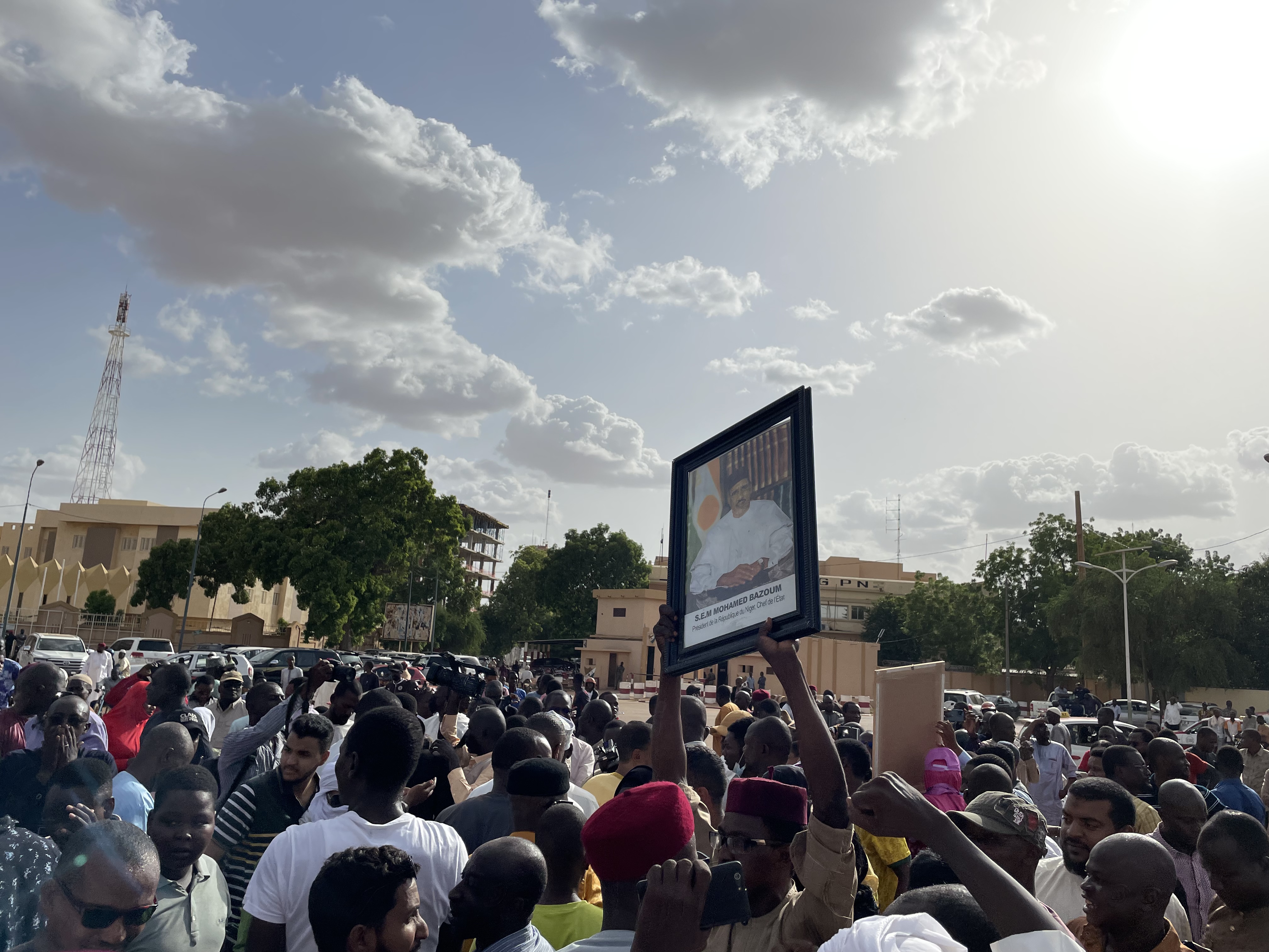 Supporters of Nigerien President Mohamed Bazoum gather to show their support for him in Niamey on July 26