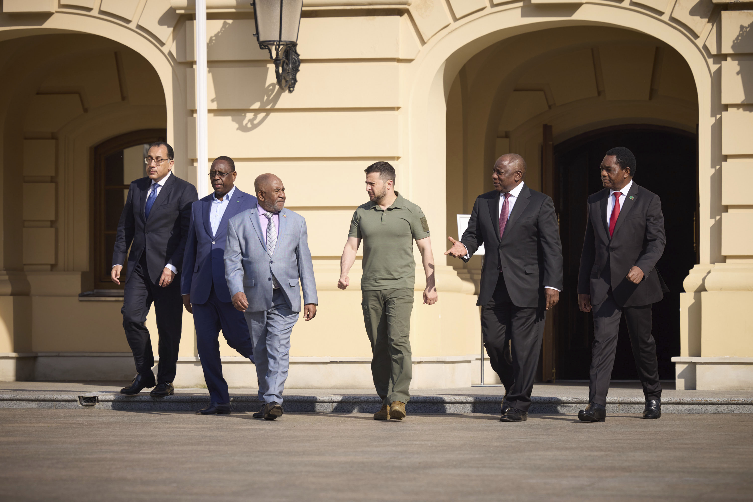 In this photo provided by the Ukrainian Presidential Press Office, from left: Egypt's Prime Minister Mustafa Madbuly, Senegal's President Macky Sall, President of the Union of Comoros Azali Assoumani, Ukrainian President Volodymyr Zelenskyy, South African President Cyril Ramaphosa and Zambia's President Hakainde Hichilema walk during their meeting in Kyiv, Ukraine, Friday, June 16, 2023. (Ukrainian Presidential Press Office via AP)