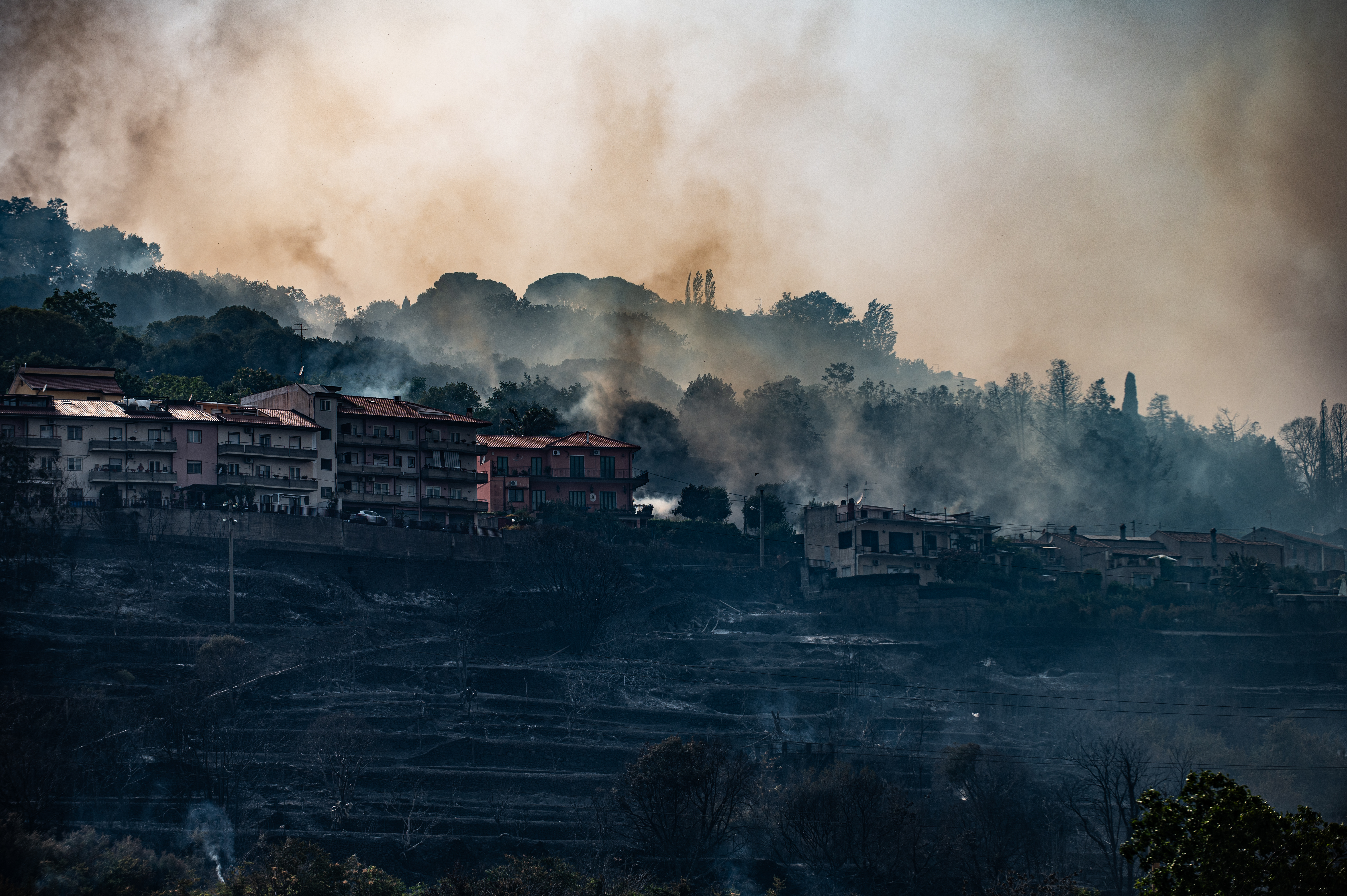A view of the houses and vegetation destroyed by flames during today's fires in the Aci Catena area