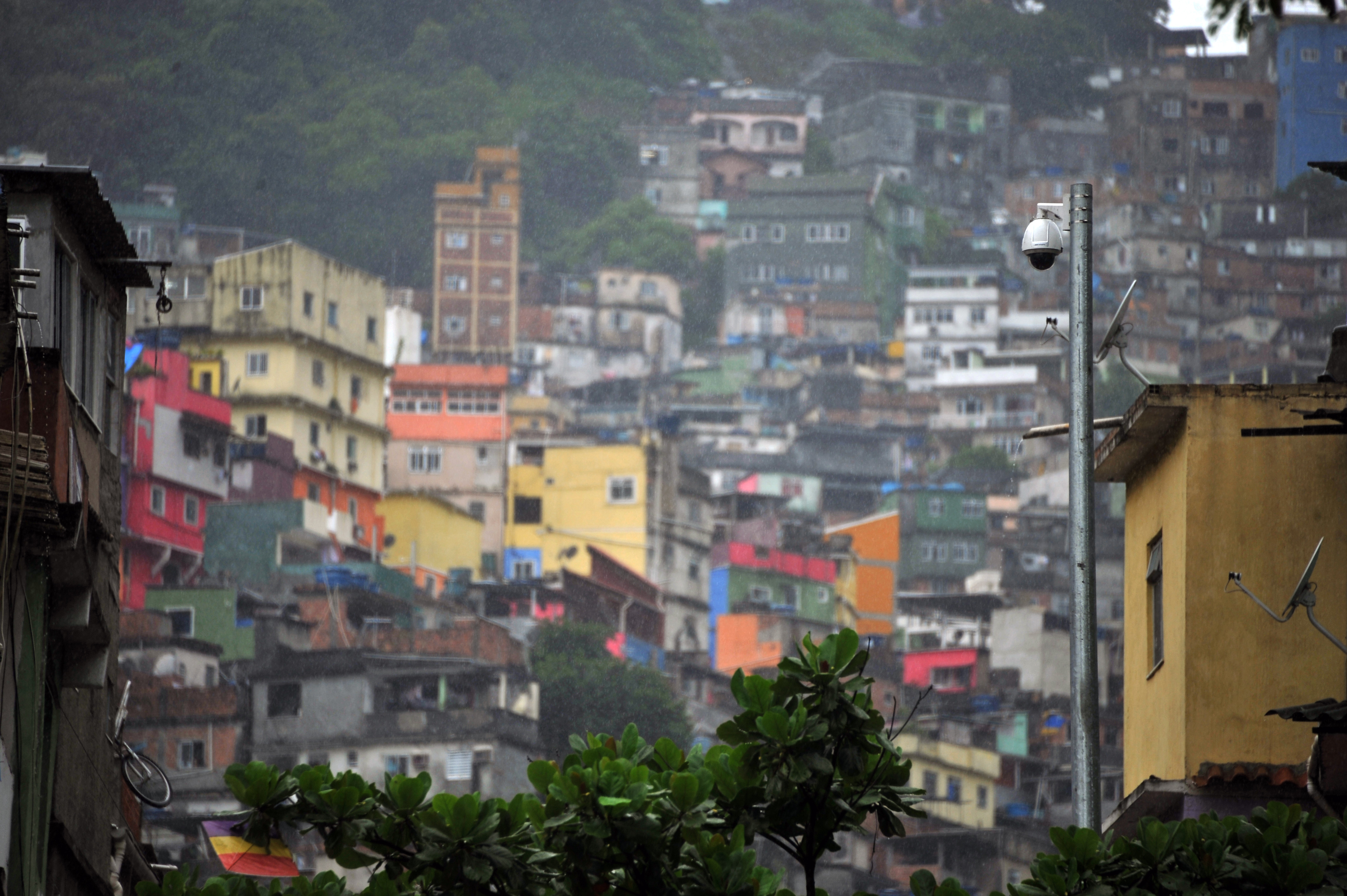 View of a HD camera (R) set up by the militarized police at the Rocinha shantytown in Rio de Janeiro, Brazil