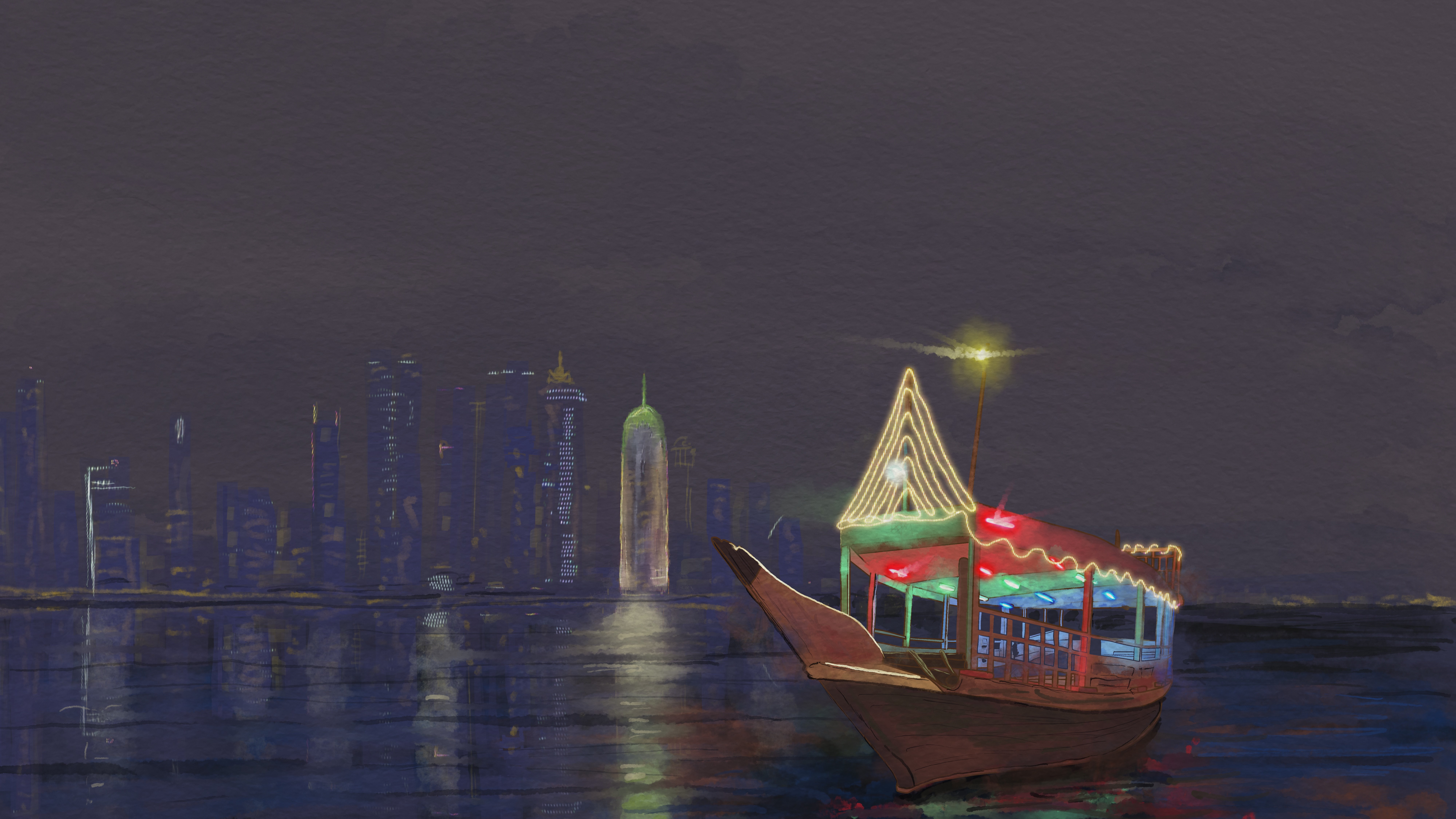 An illustration of a Dhow boat with colourful lights in Doha at night with the city skyline in the background.