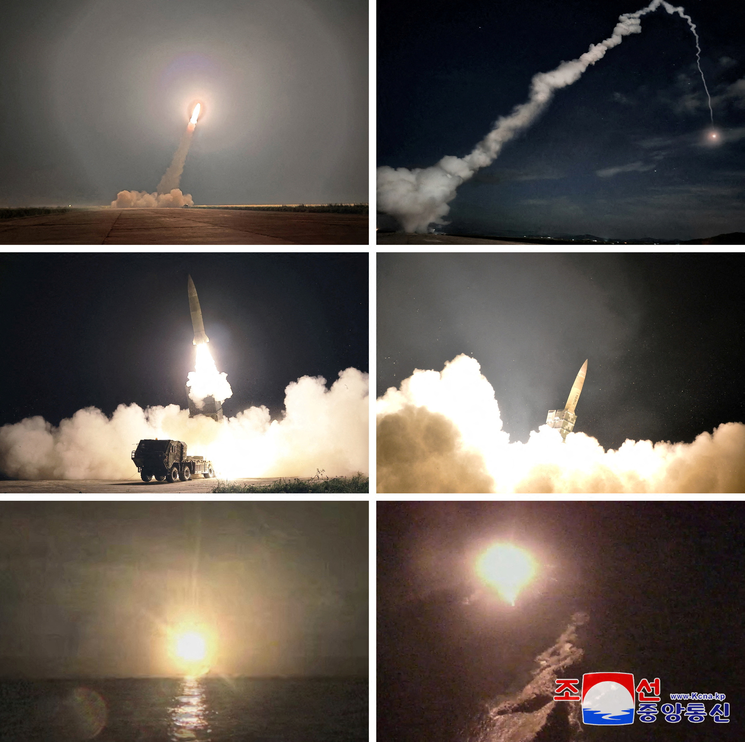 A composite photo showing various missile launches from a site near Pyongyang. It is night time and the smoke and flames illuminate the sky