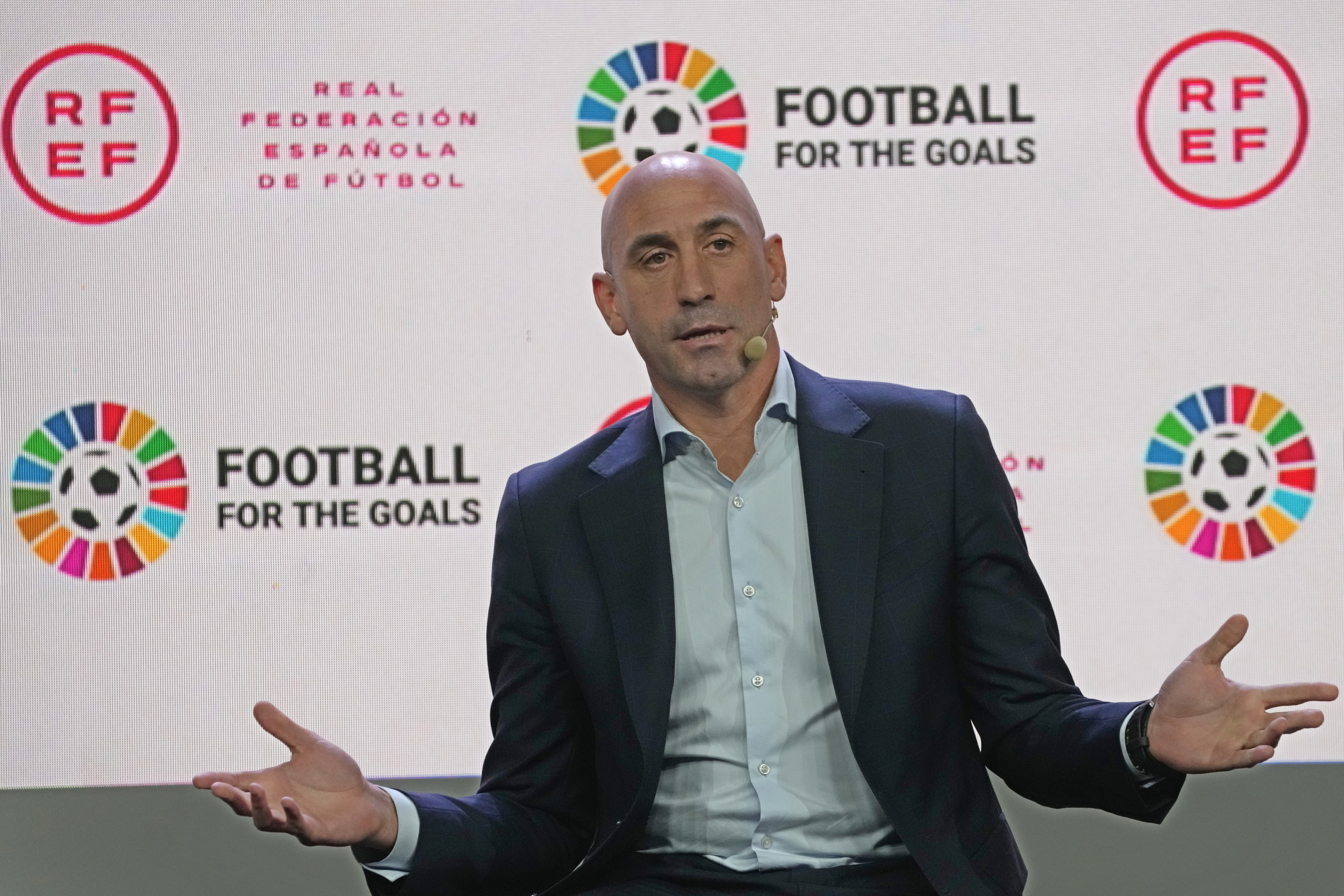 The President of the Spanish Football Federation Luis Rubiales speaks during a conference