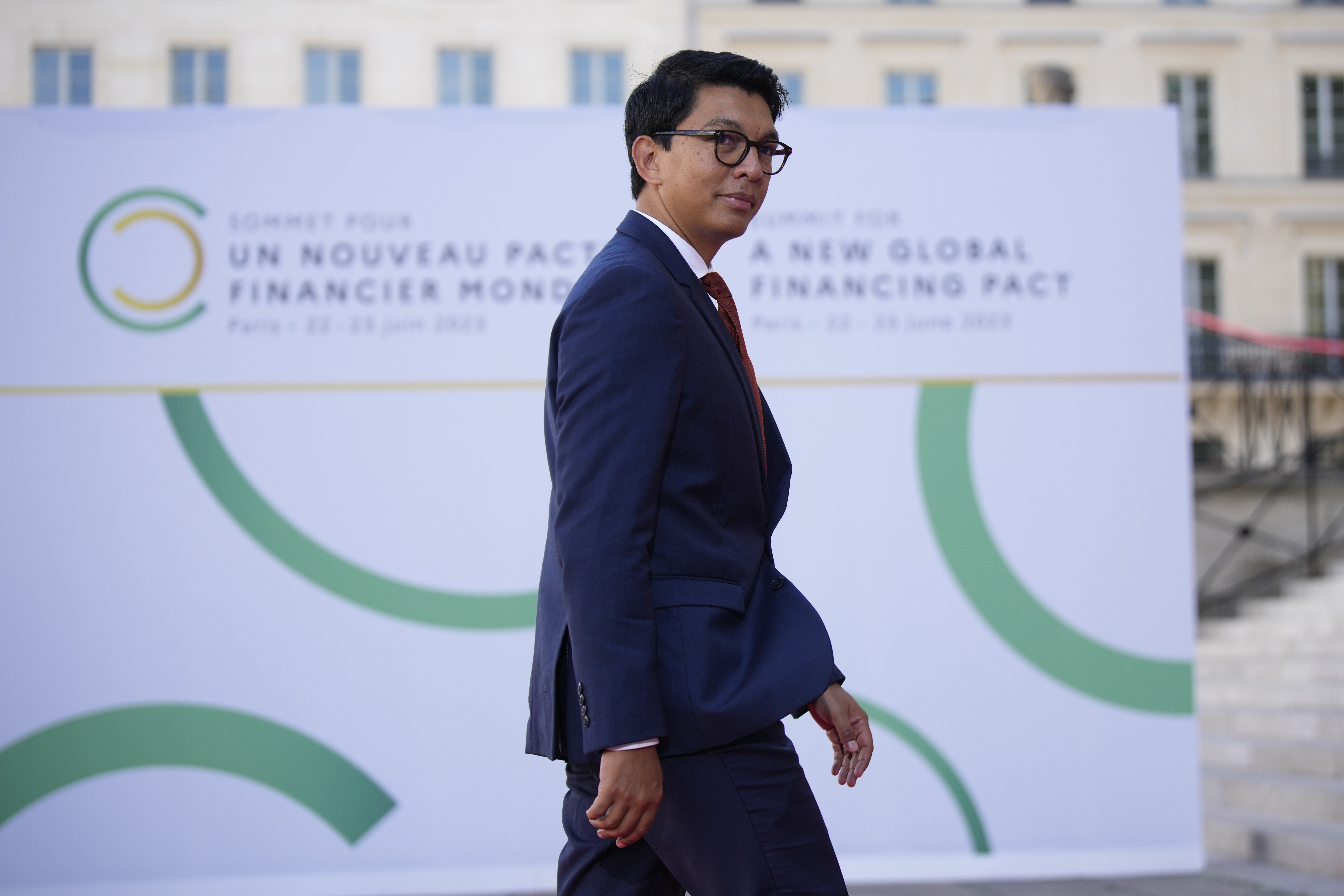 Andry Nirina Rajoelina, President of Madagascar, arrives for the closing session of the New Global Financial Pact Summit in Paris