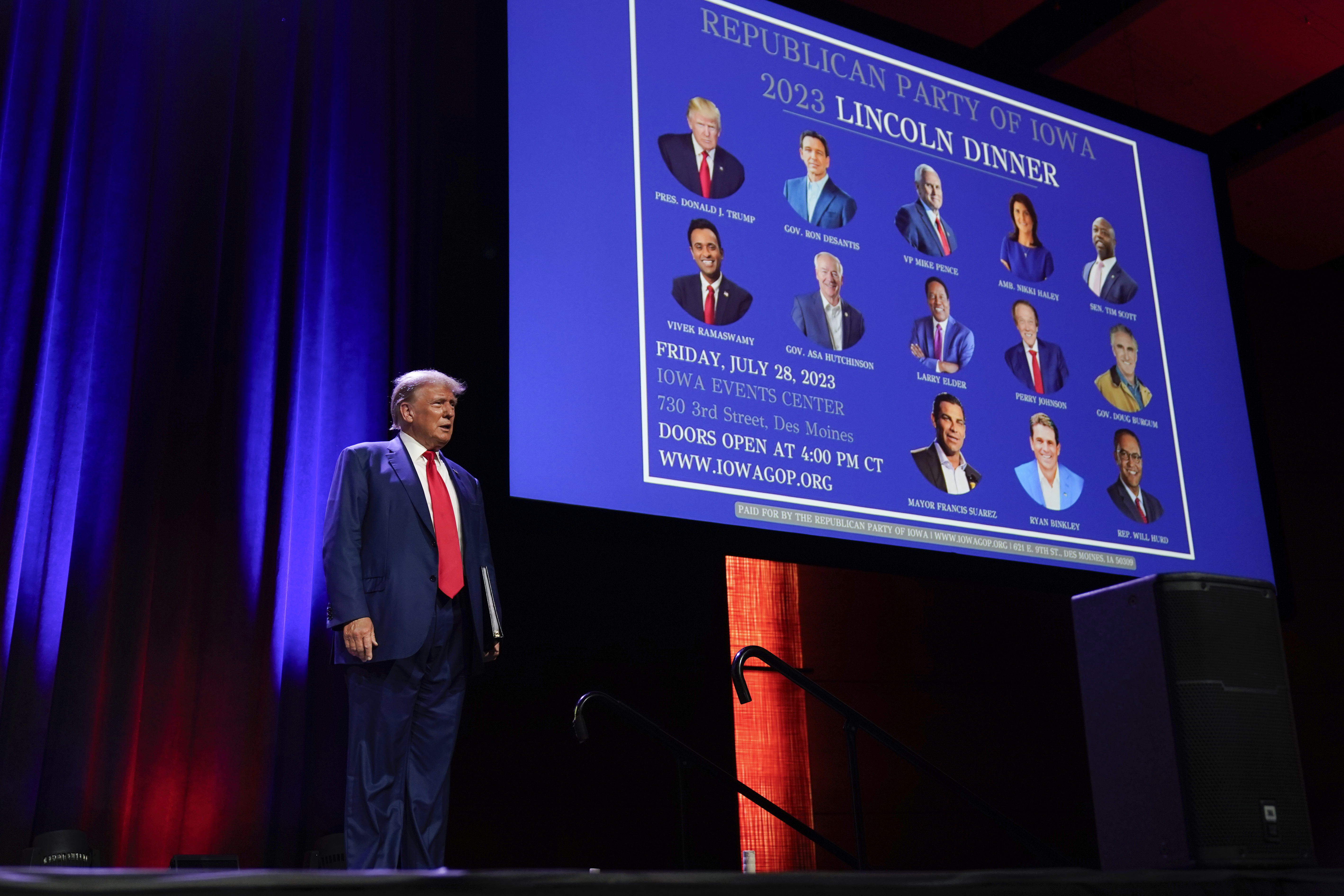 Republican presidential candidate former President Donald Trump arrives to speak at the Republican Party of Iowa's 2023 Lincoln Dinner in Des Moines, Iowa, Friday, July 28, 2023.