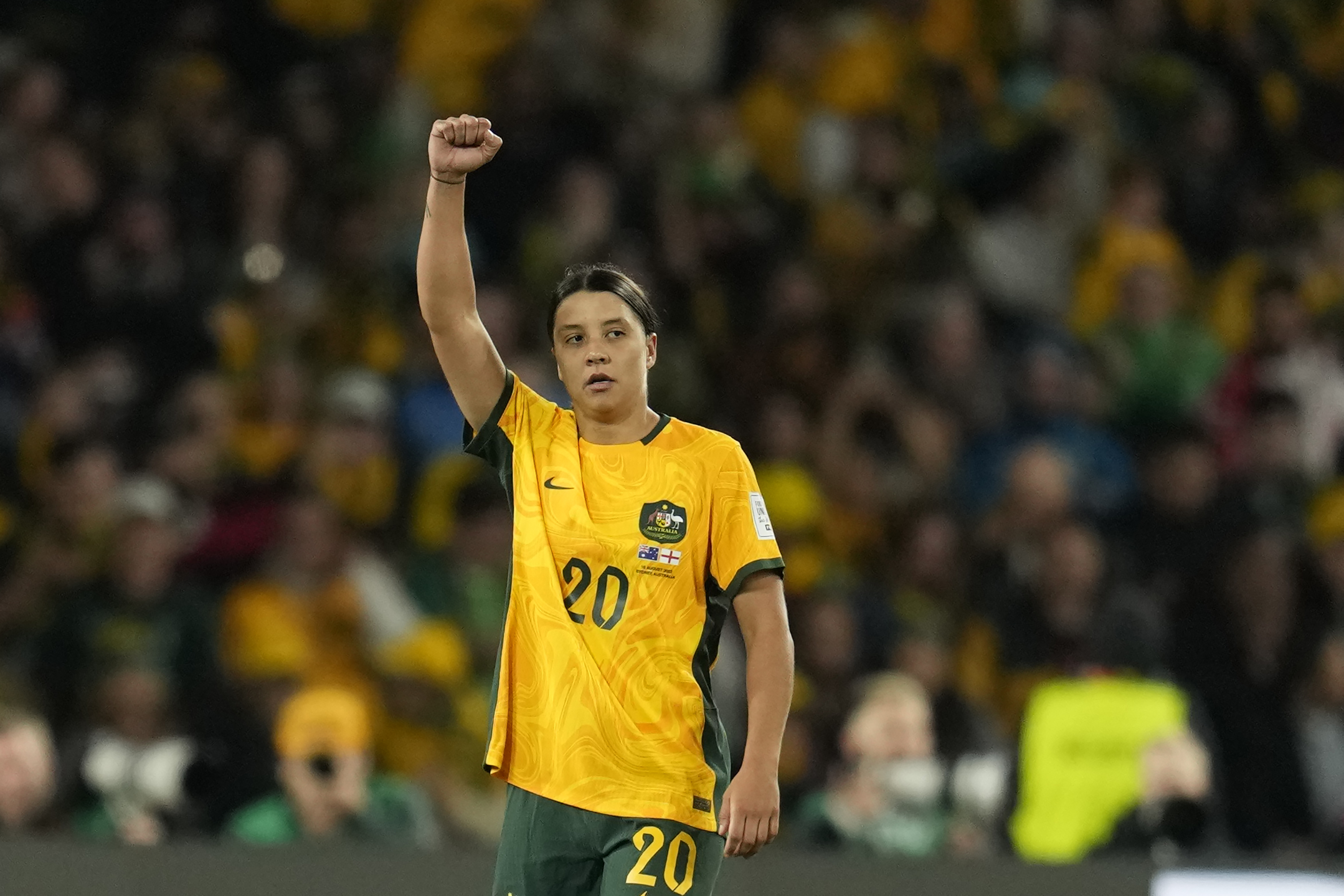 Australia's Sam Kerr celebrates after scoring her side's first goal during the Women's World Cup semifinal soccer match between Australia and England
