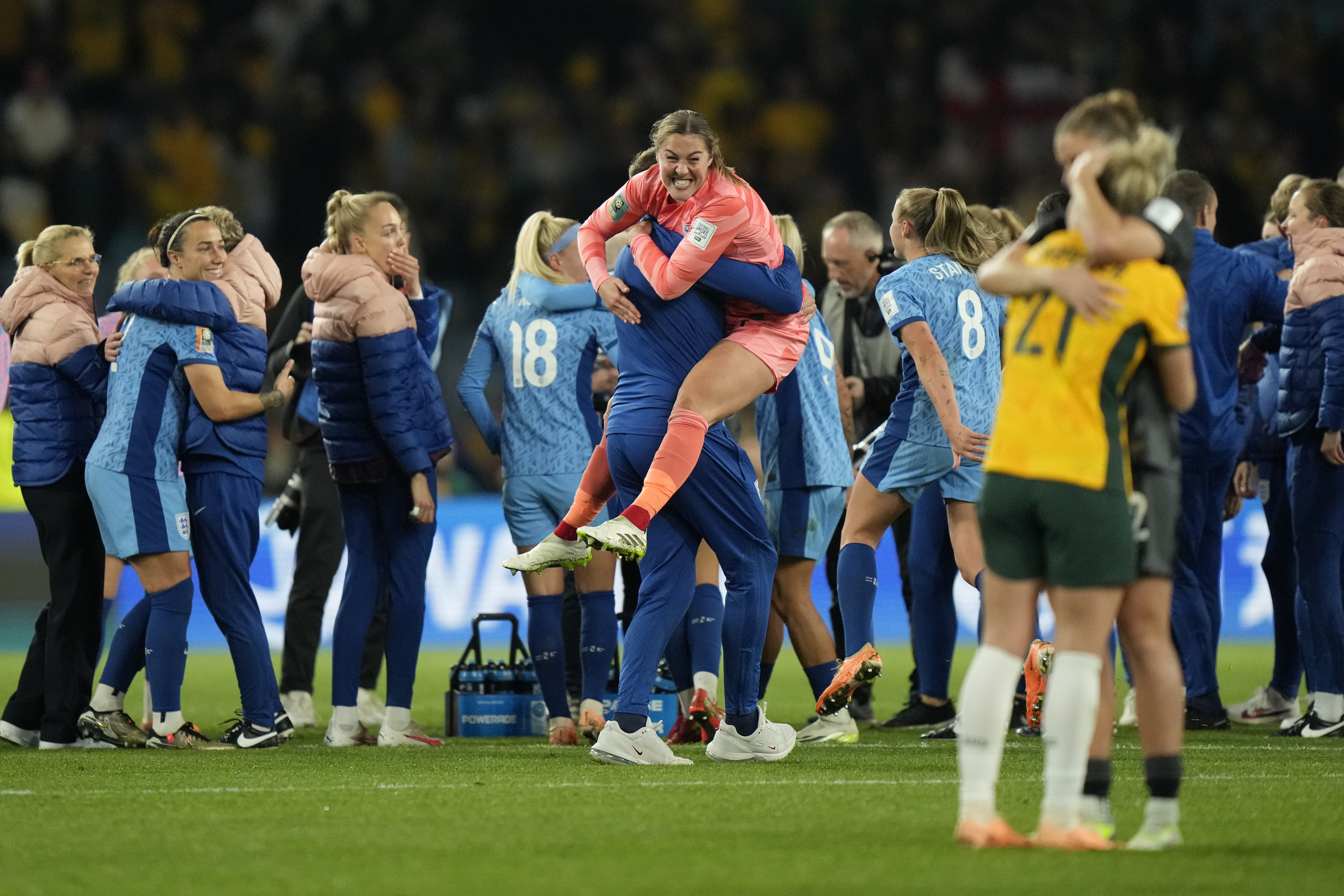 Members of team England celebrate after their win 