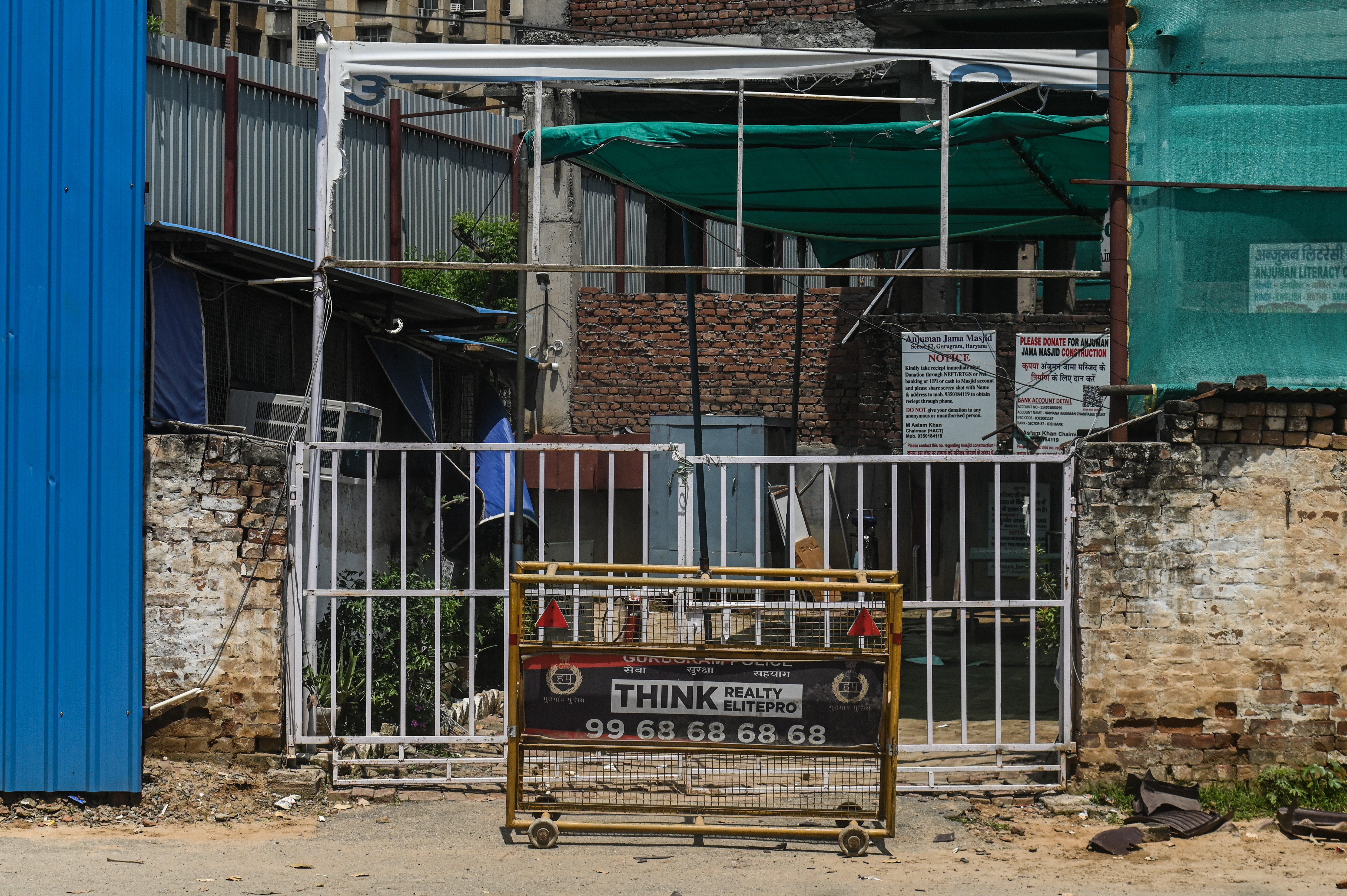 A view of outside a mosque which was allegedly burnt by a mob on Tuesday