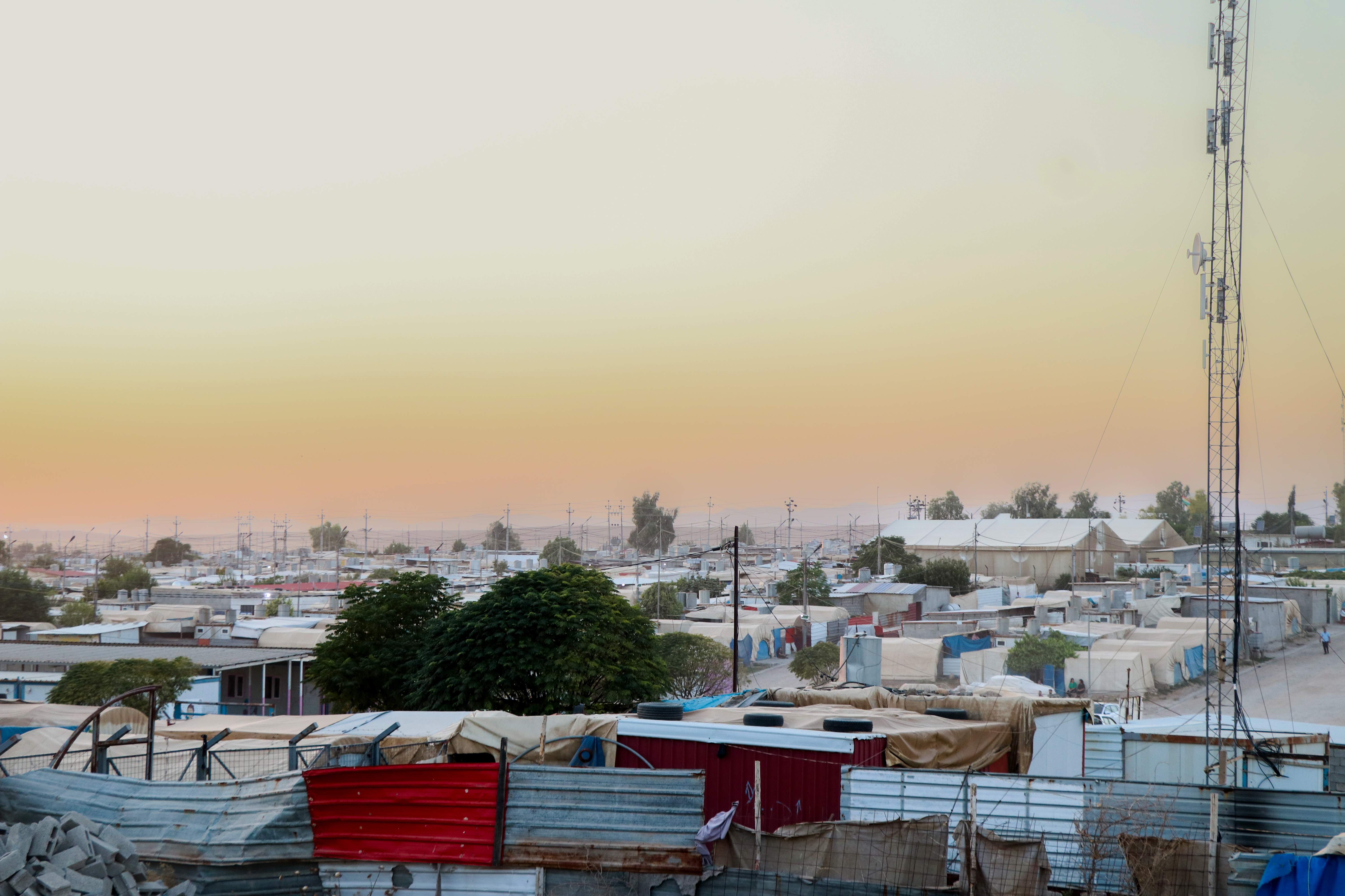 A view of the camp in the setting sun