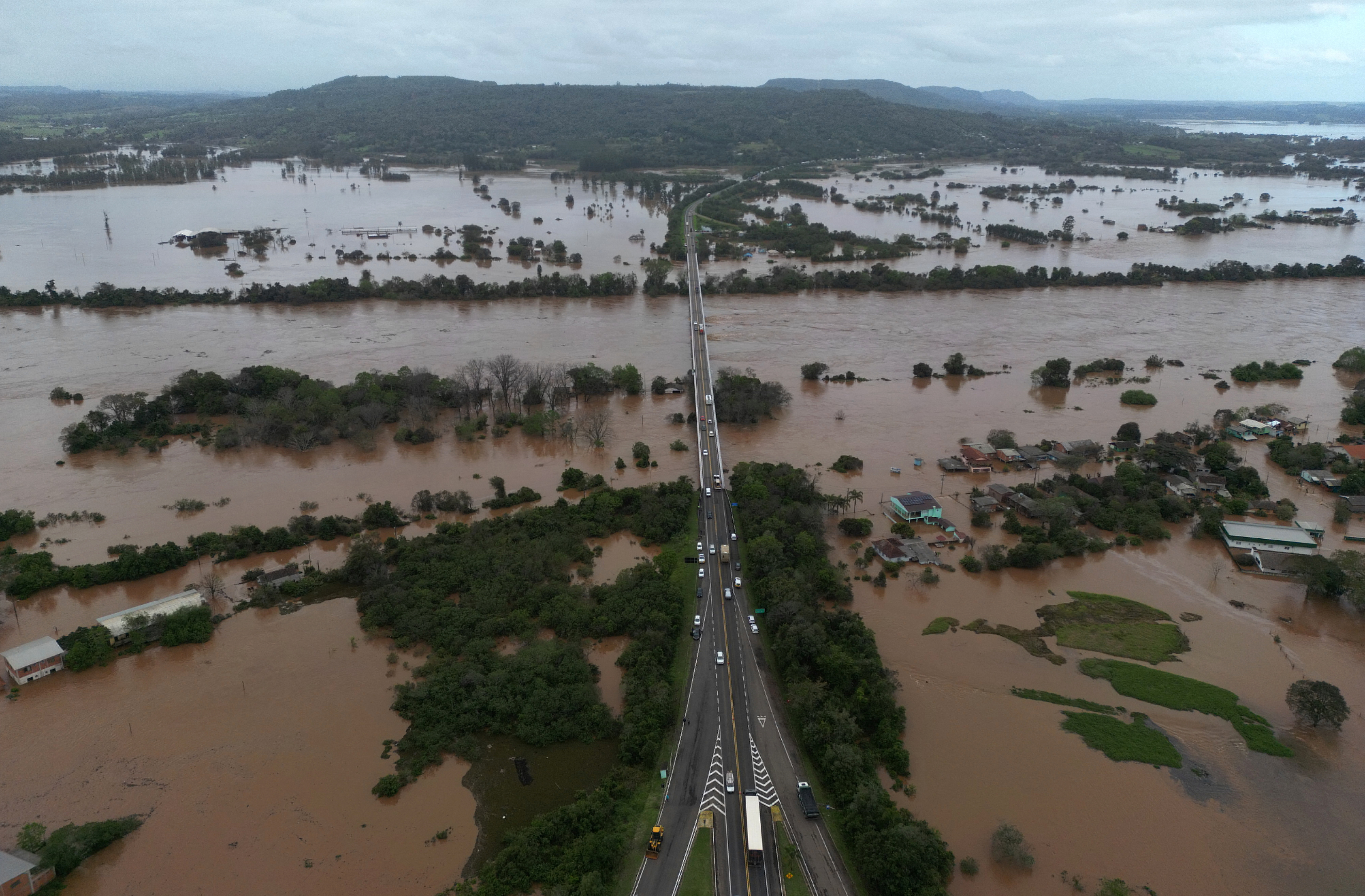 An aerial view shows damage and floods after a cyclone hit southern towns, in Venancio Aires, Rio Grande do Sul state, Brazil