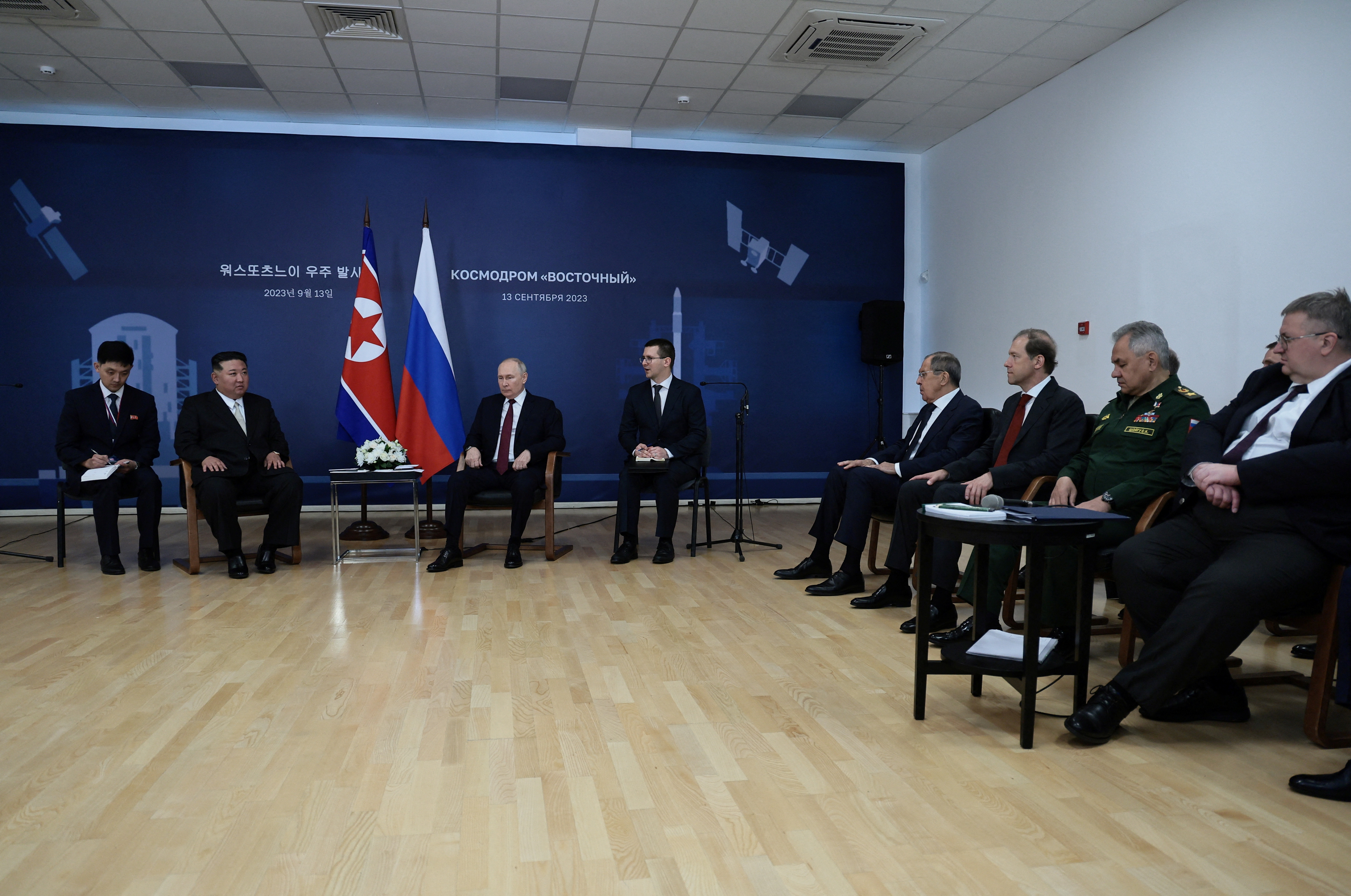 Russia's President Vladimir Putin and North Korea's leader Kim Jong Un attend a meeting at the Vostochny Сosmodrome in the far eastern Amur region, Russia
