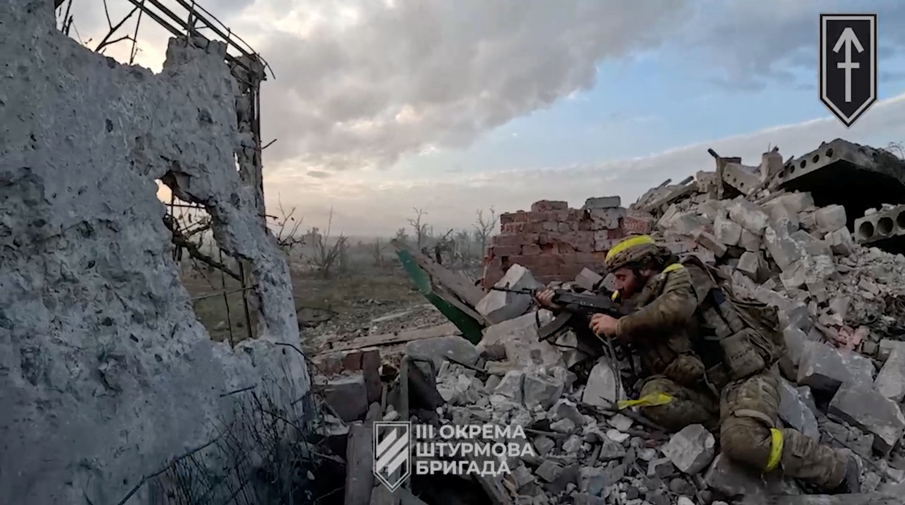 A view of a Ukrainian soldier during the purported liberation of Andriivka, at a location given as Andriivka, Donetsk Region, Ukraine, in a screen grab obtained from a handout video released September 16, 2023.