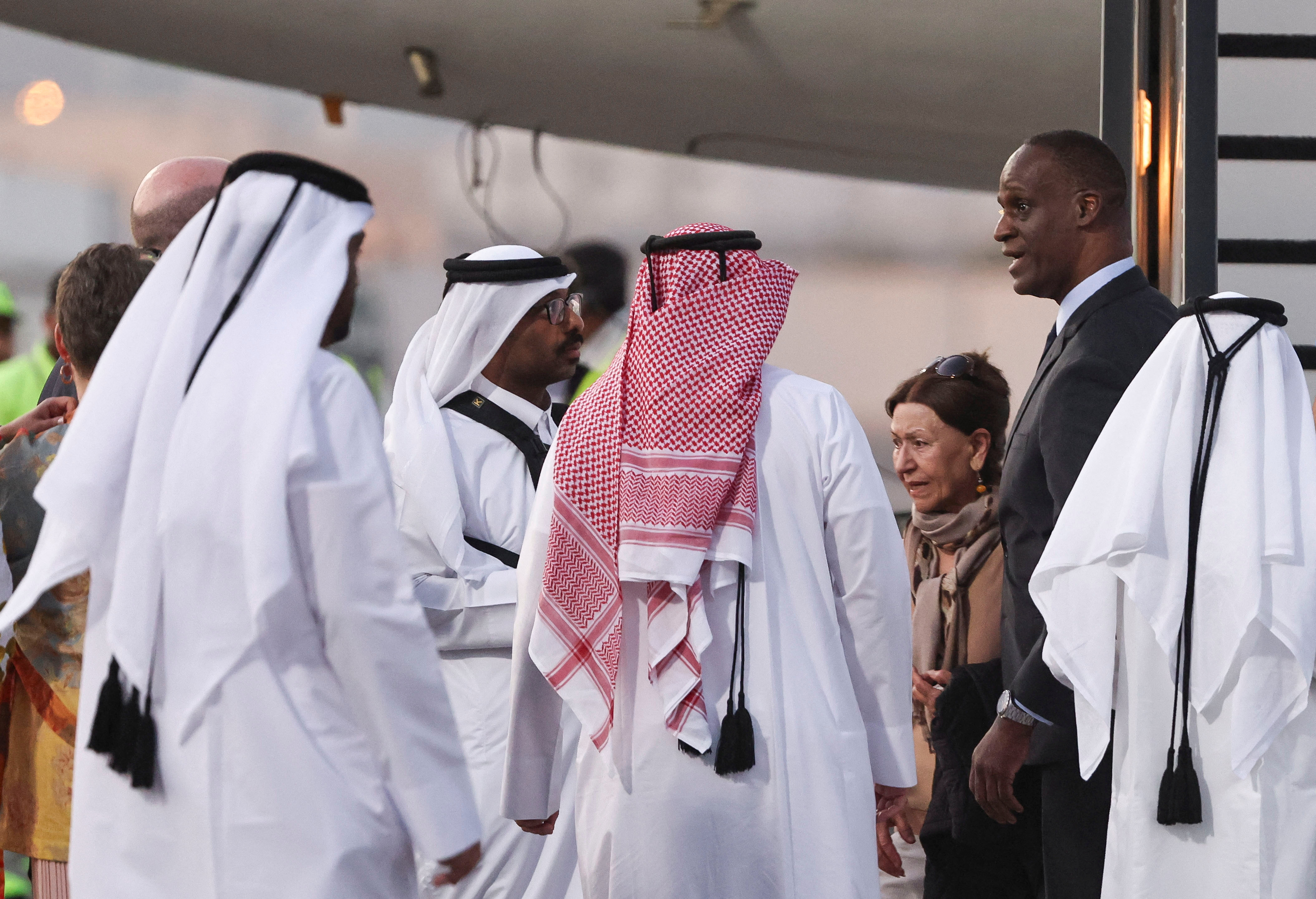 US Ambassador to Qatar, Timmy Davis, welcomes prisoners who were released during a prisoner swap deal between U.S. and Iran