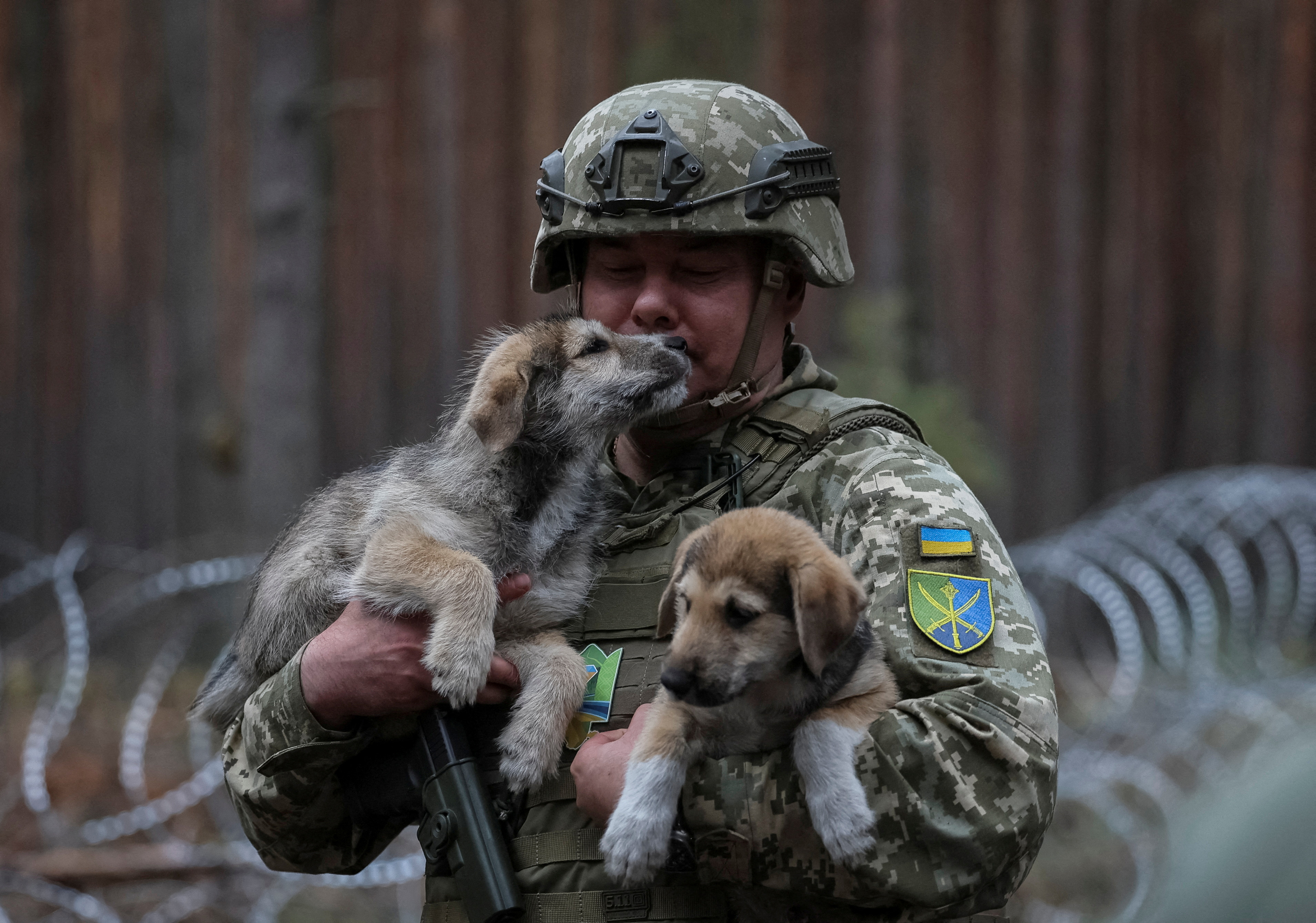 Serhiy Nayev Commander of the Joint Forces of the Armed Forces of Ukraine on a visit to positions near the border with Belarus. He is in combat uniform and carrying a puppy in each arm