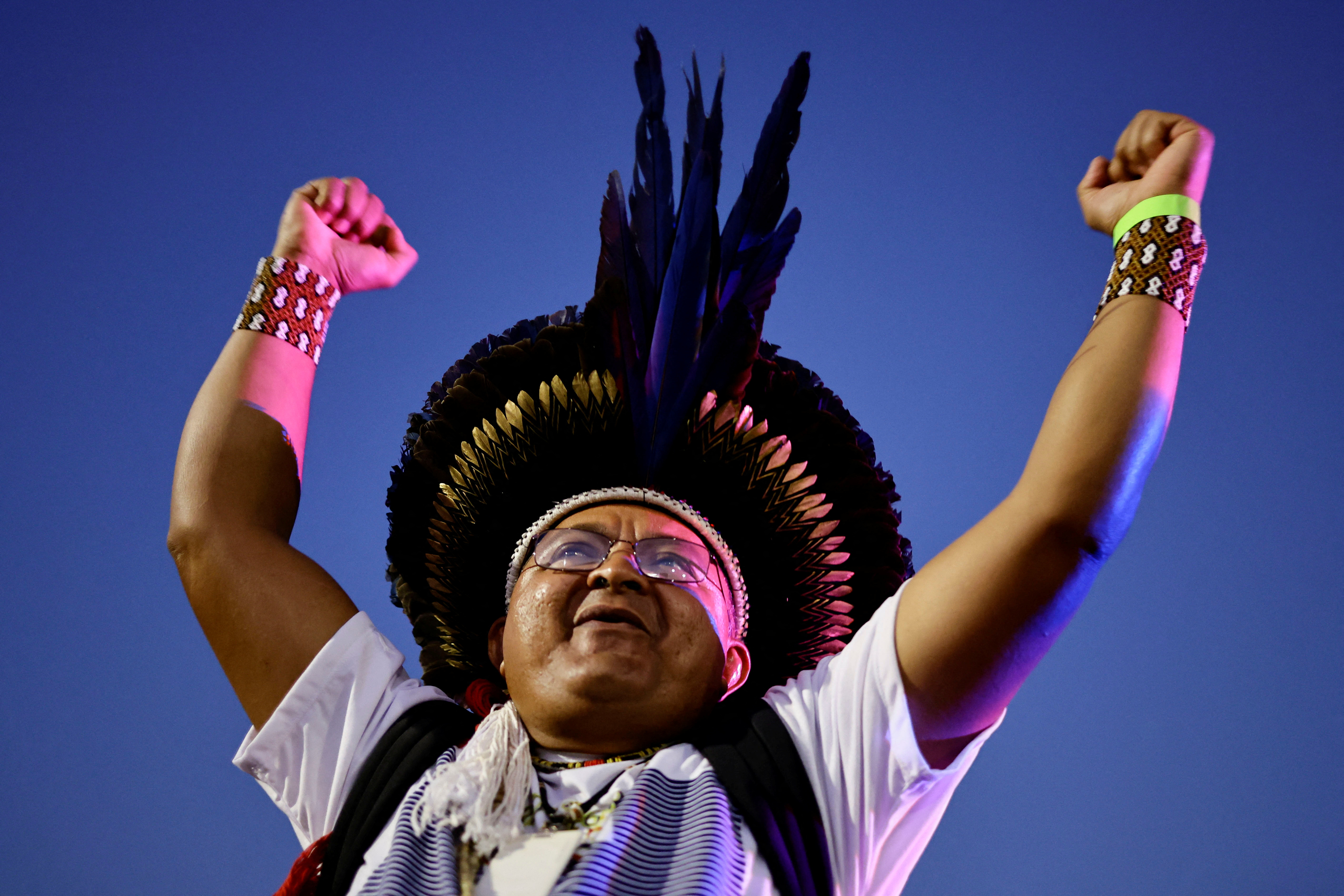 A Xokleng Indigenous man reacts after a majority in Brazil's Supreme Court voted against the constitutionality of laws to limit the ability of Indigenous people to win protected status for ancestral lands, in Brasilia, Brazil, September 21, 2023.