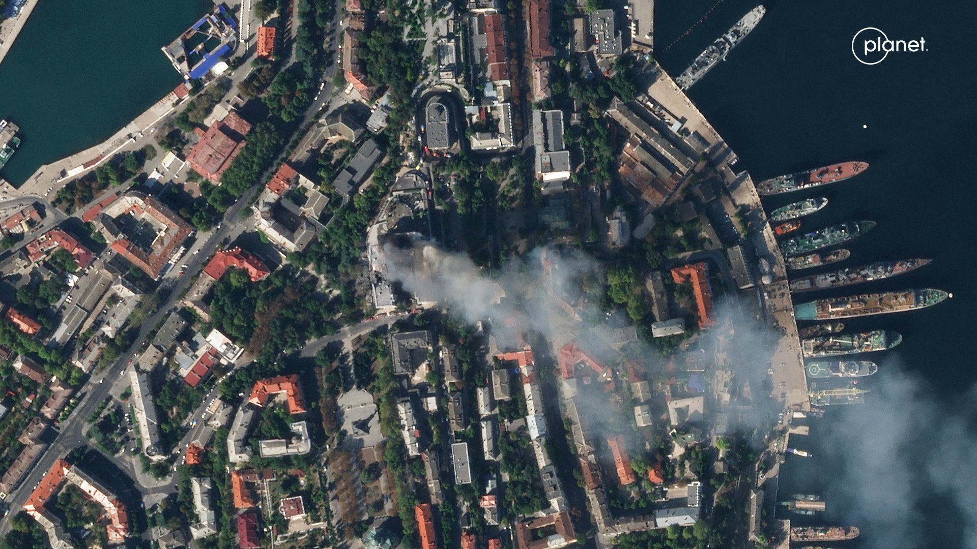 A satellite image shows smoke billowing from a Russian Black Sea Navy HQ after a missile strike, as Russia's invasion of Ukraine continues, in Sevastopol, Crimea, September 22, 2023. PLANET LABS PBC/Handout via REUTERS THIS IMAGE HAS BEEN SUPPLIED BY A THIRD PARTY. NO RESALES. NO ARCHIVES. MANDATORY CREDIT. DO NOT OBSCURE LOGO