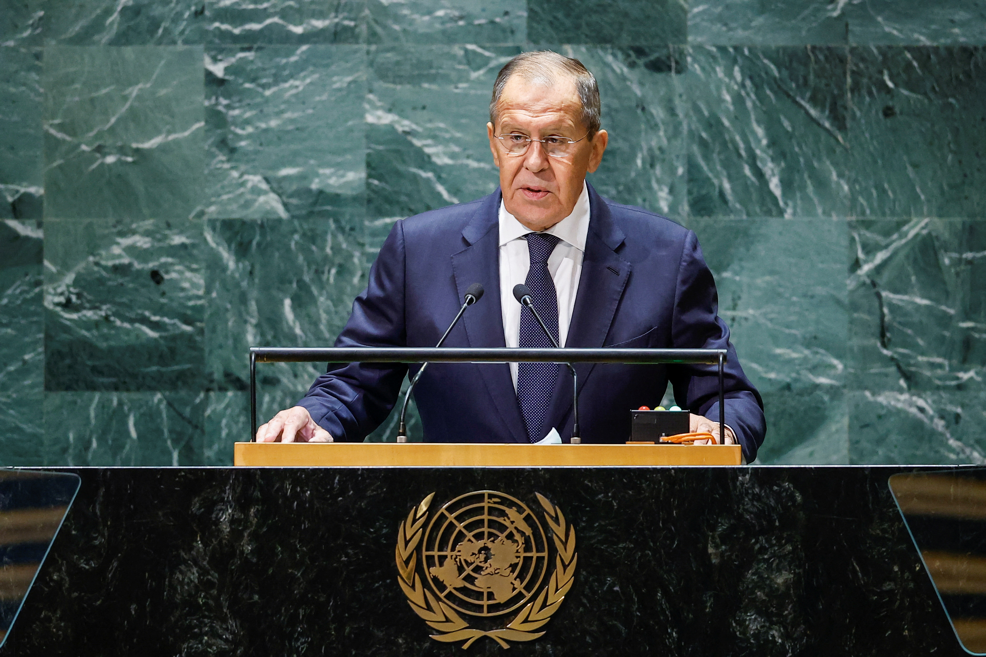 Russia's Foreign Minister Sergei Lavrov addresses the 78th Session of the U.N. General Assembly in New York City