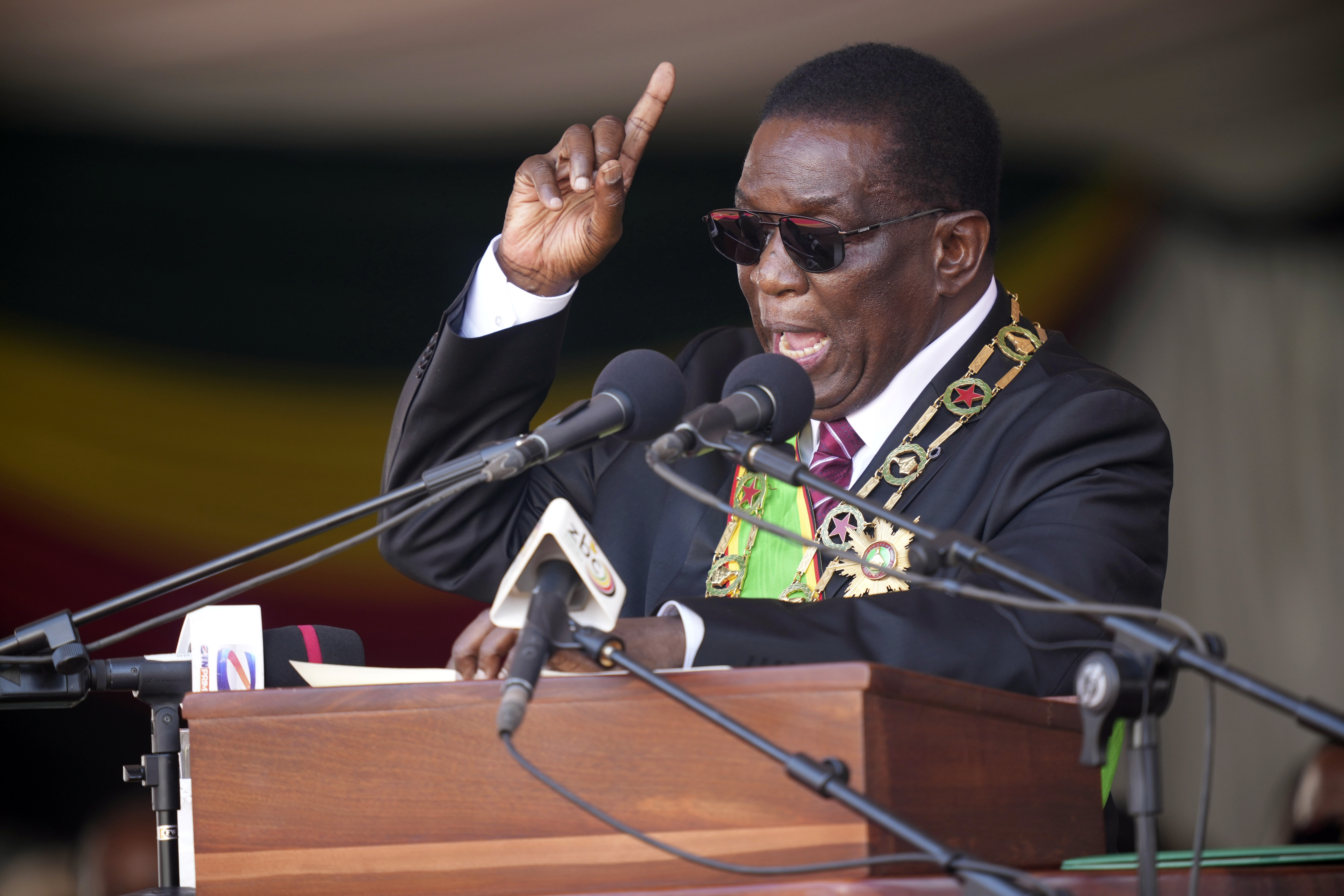 Zimbabwe's President Emmerson Mnangagwa delivers a speech during his inauguration ceremony at the National Sports Stadium in the capital Harare, on Monday, September 4, 2023 [Tsvangirayi Mukwazhi/AP]