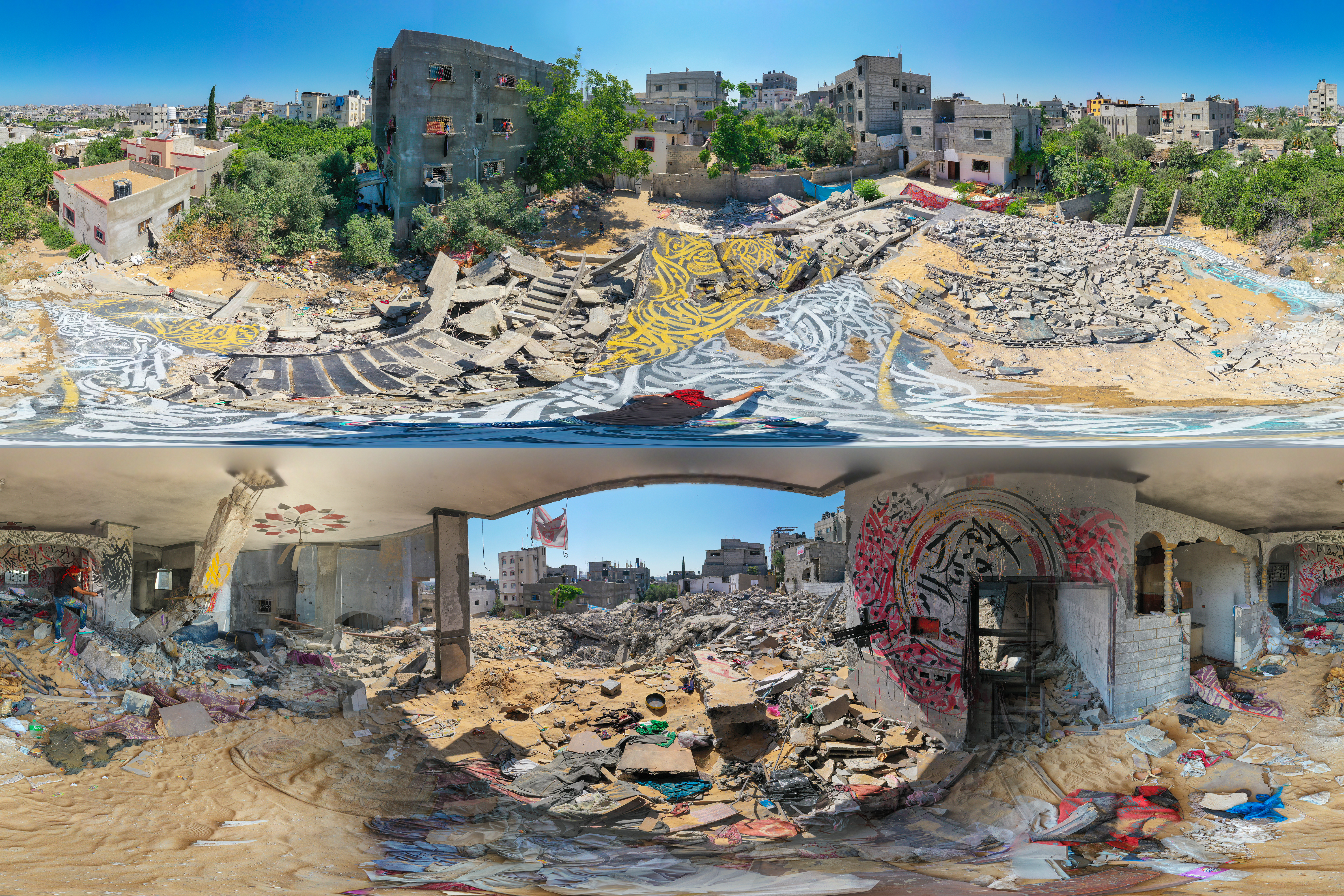 Two 360 images stitched together of Ayman's work outdoors