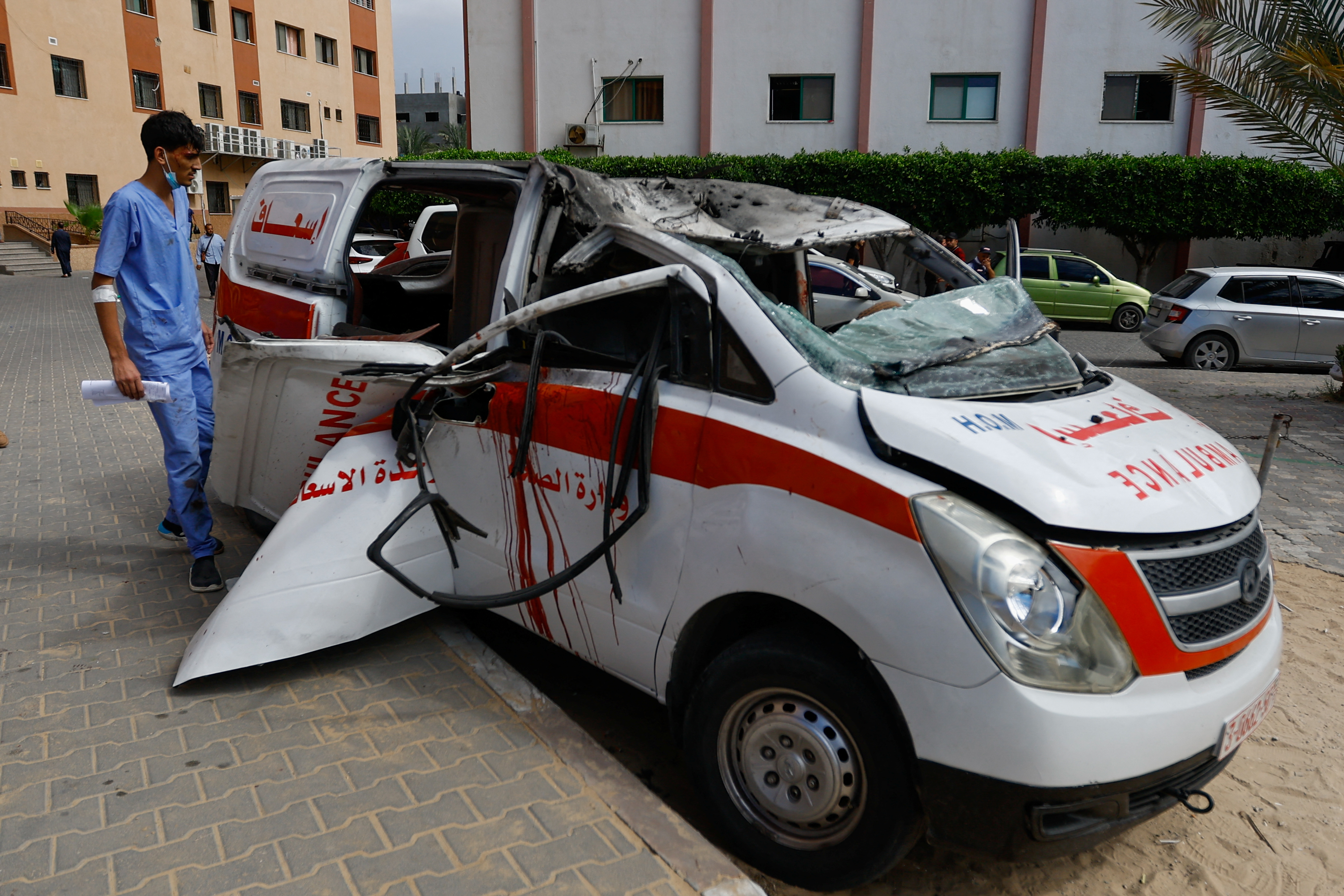 A view of an ambulance hit by an Israeli strike
