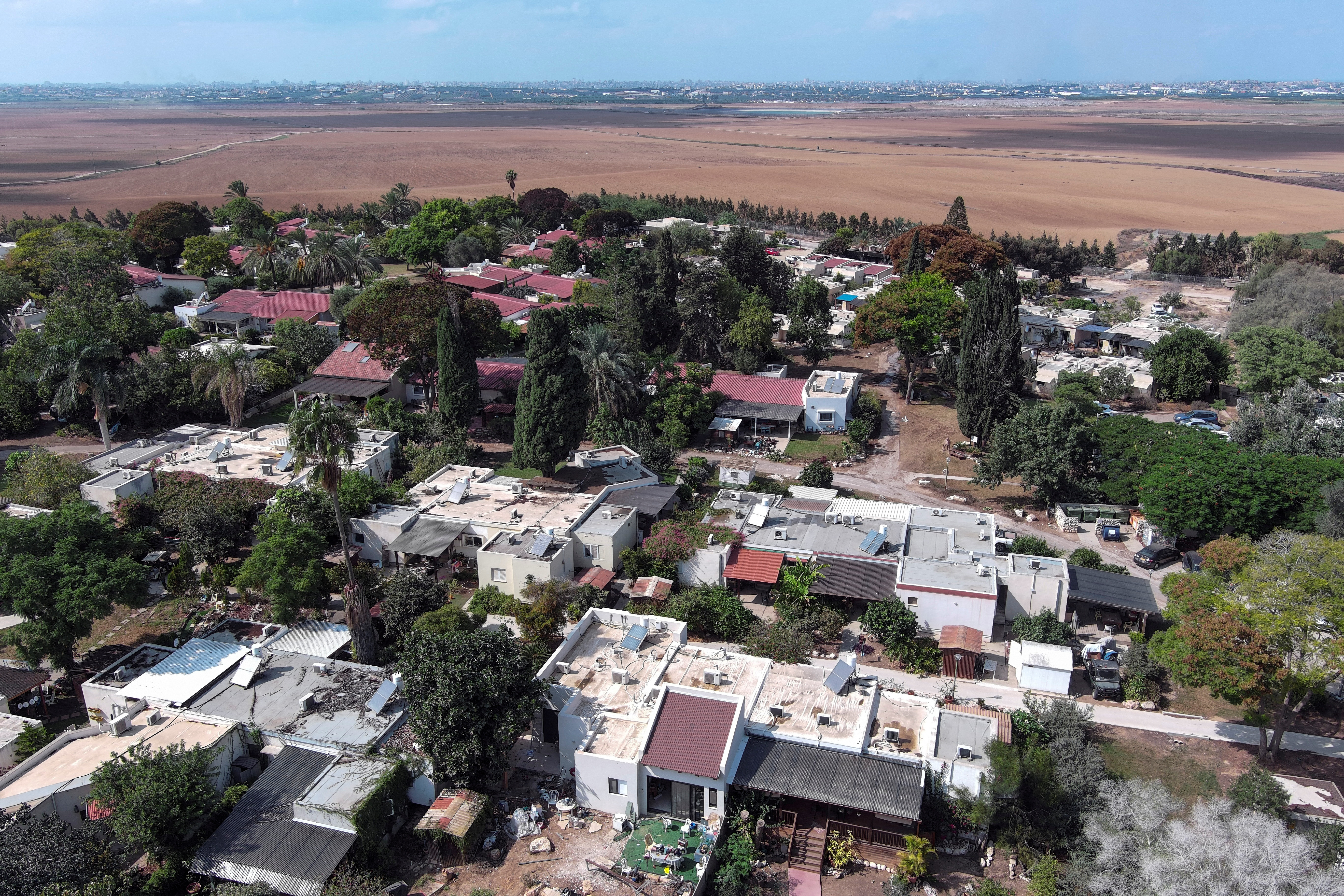 An aerial view shows Kibbutz Krar Aza following a mass infiltration by Hamas gunmen from the Gaza Strip, in southern Israel
