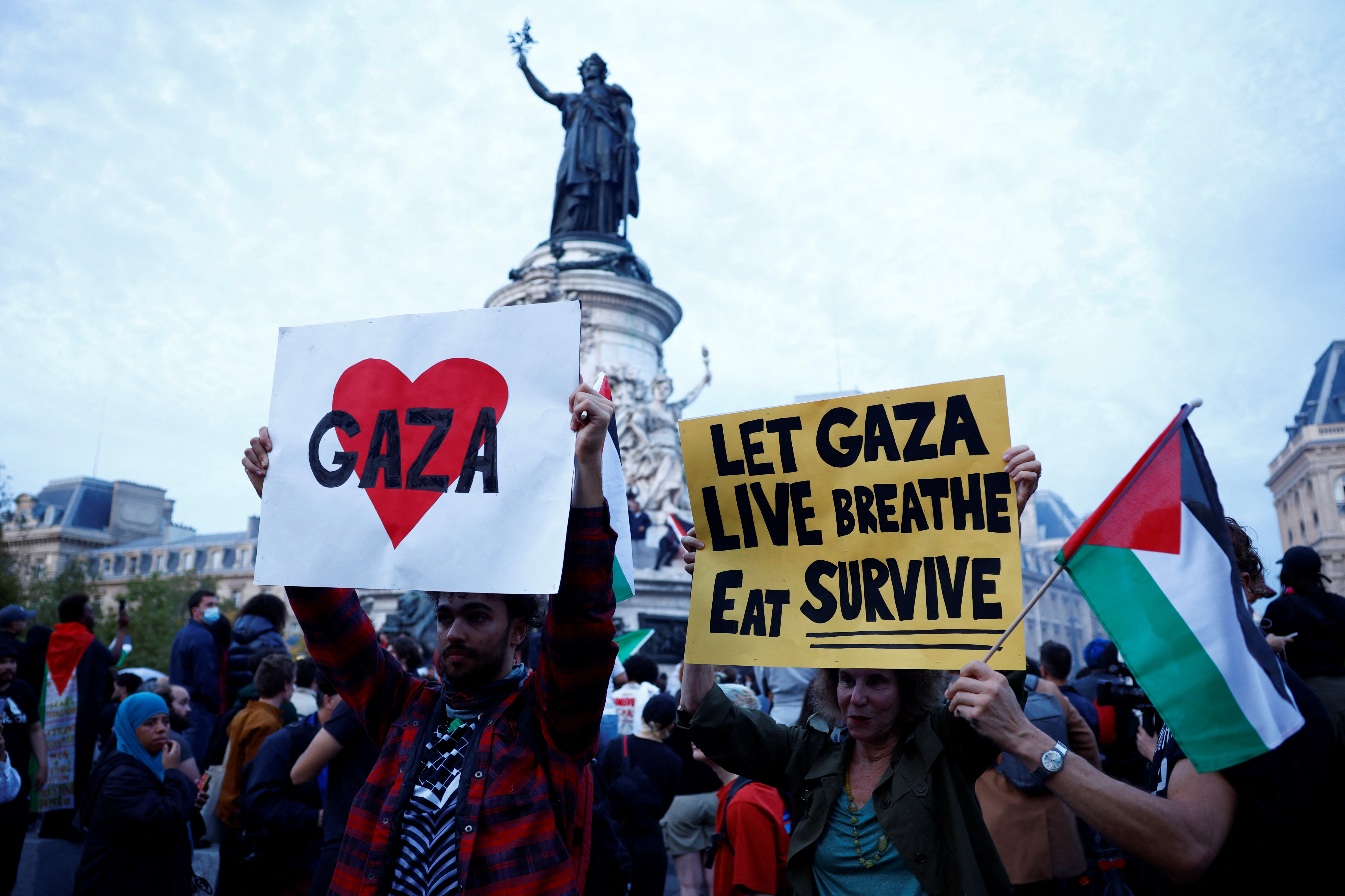 Demonstrators hold a Palestinian flag and placards in support of Gaza