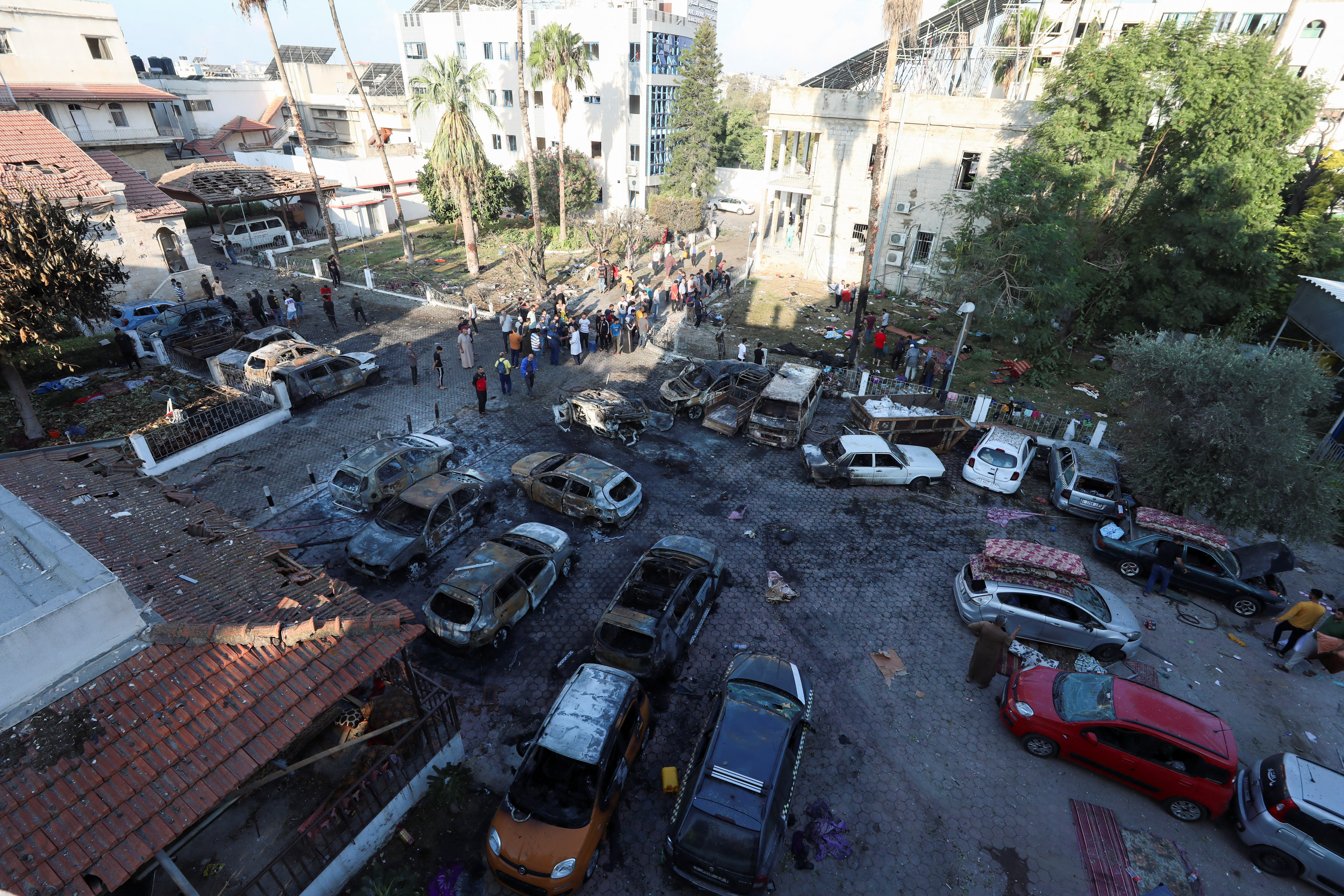 A view shows an area of Al-Ahli hospital where hundreds of Palestinians were killed in a blast
