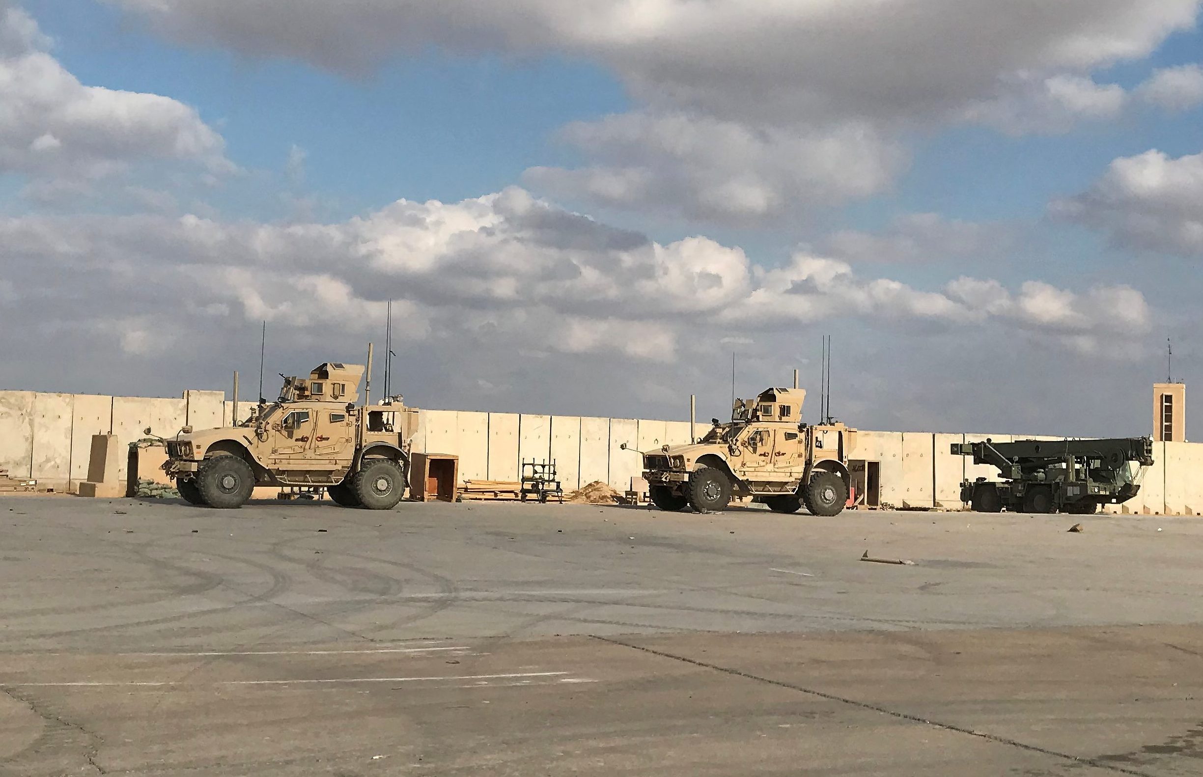 Military vehicles of US soldiers at a base in Iraq