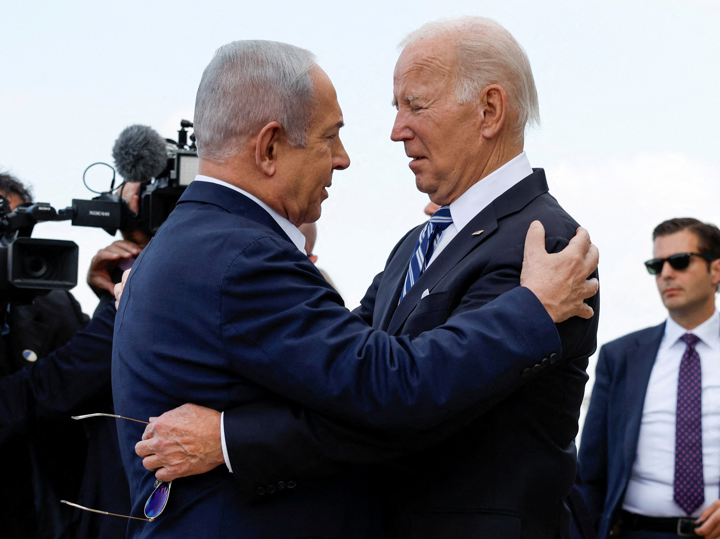 Biden is welcomed by Israeli Prime Minster Benjamin Netanyahu, as he visits Israel amid the ongoing conflict between Israel and Hamas, in Tel Aviv, Israel, October 18, 2023.