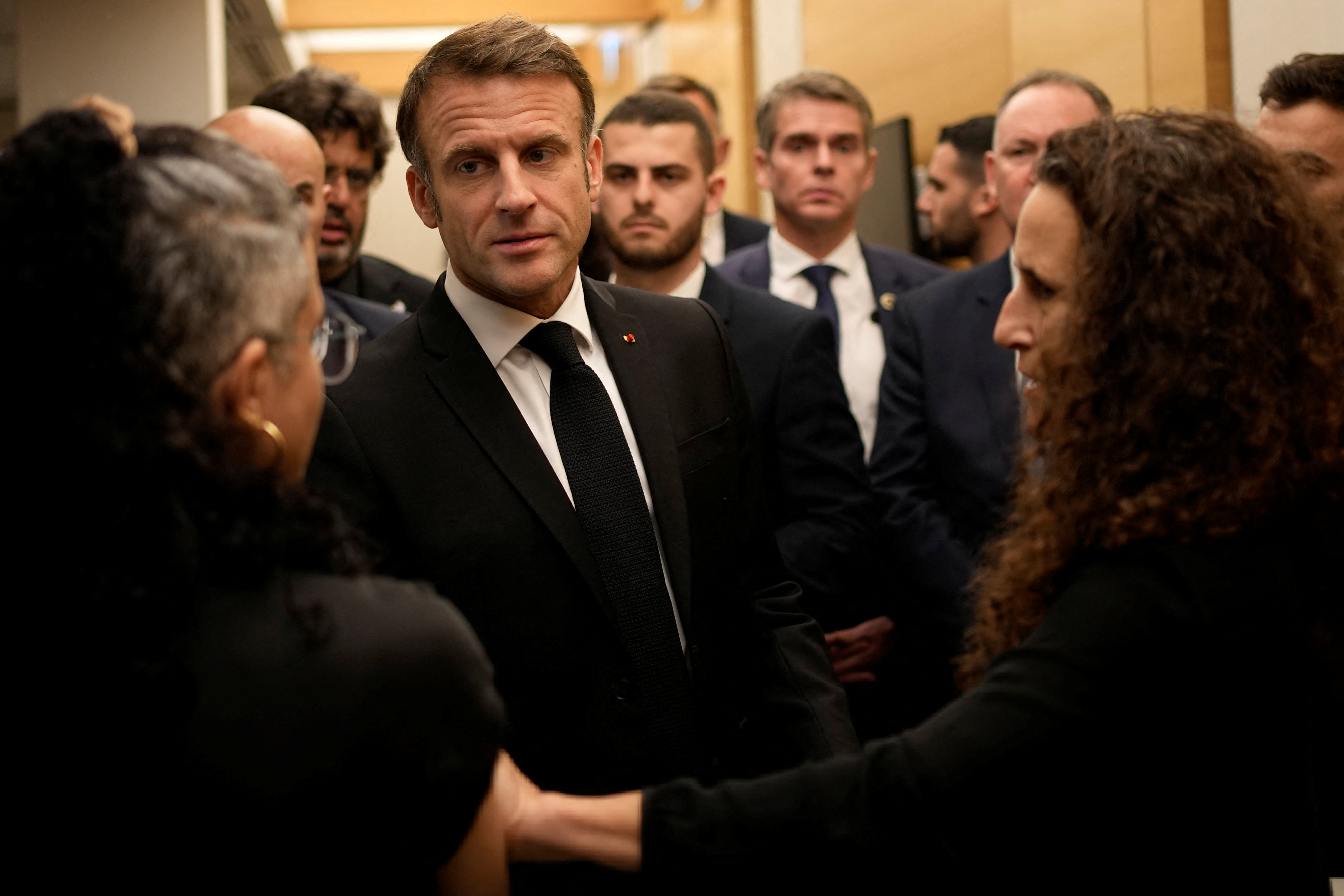 French President Emmanuel Macron meets Israeli-French nationals who have lost their loved ones, as well as families of hostages in Tel Aviv
