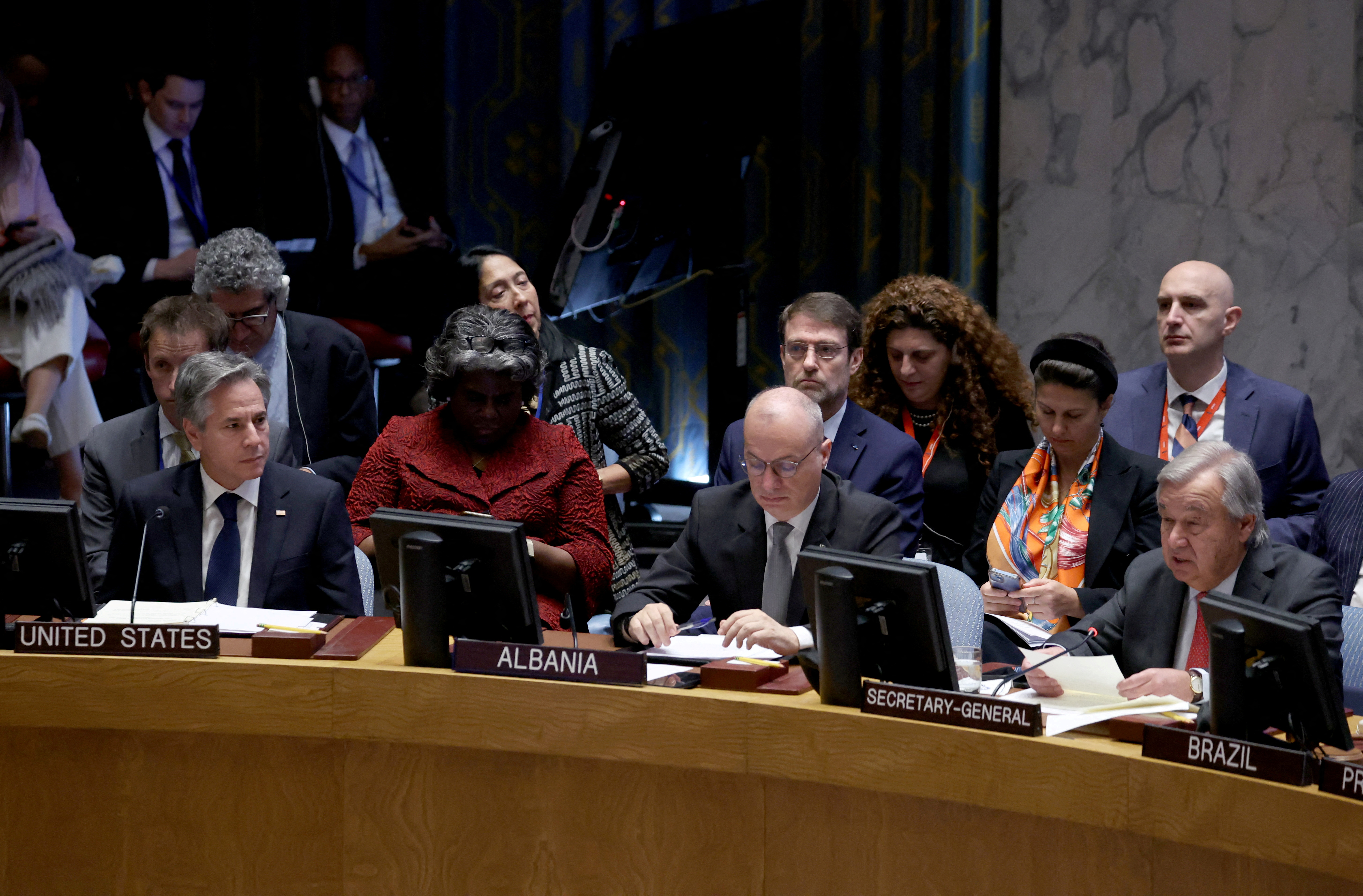 U.S. Secretary of State Antony Blinken, U.S. Ambassador to the United Nations Linda Thomas-Greenfield, United Nations Secretary-General Antonio Guterres and Albania's Foreign Minister Igli Hasani attend a meeting of the Security Council