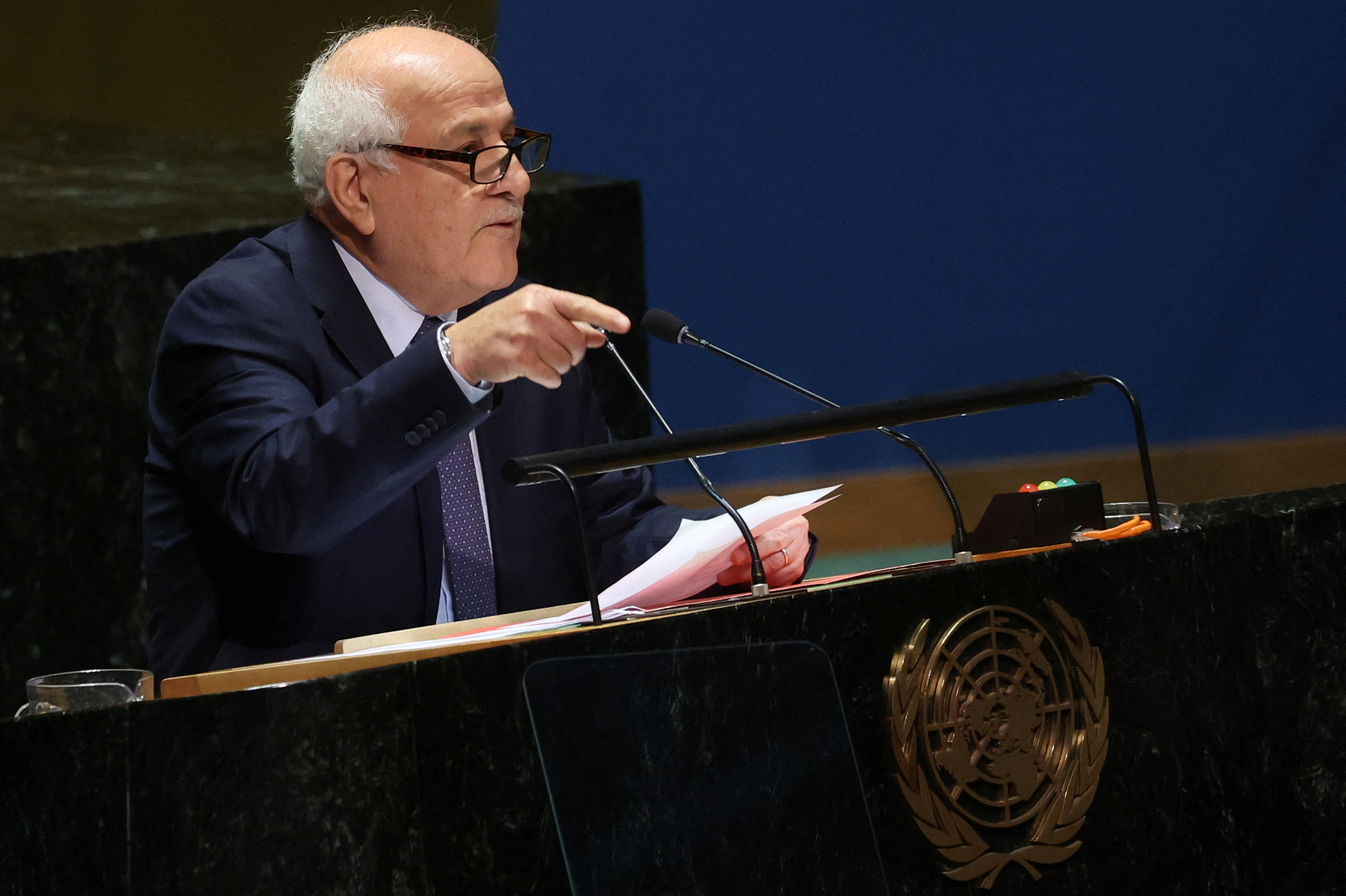 Riyad H. Mansour, Permanent Observer of Palestine, speaks at an emergency special session of the United Nations General Assembly