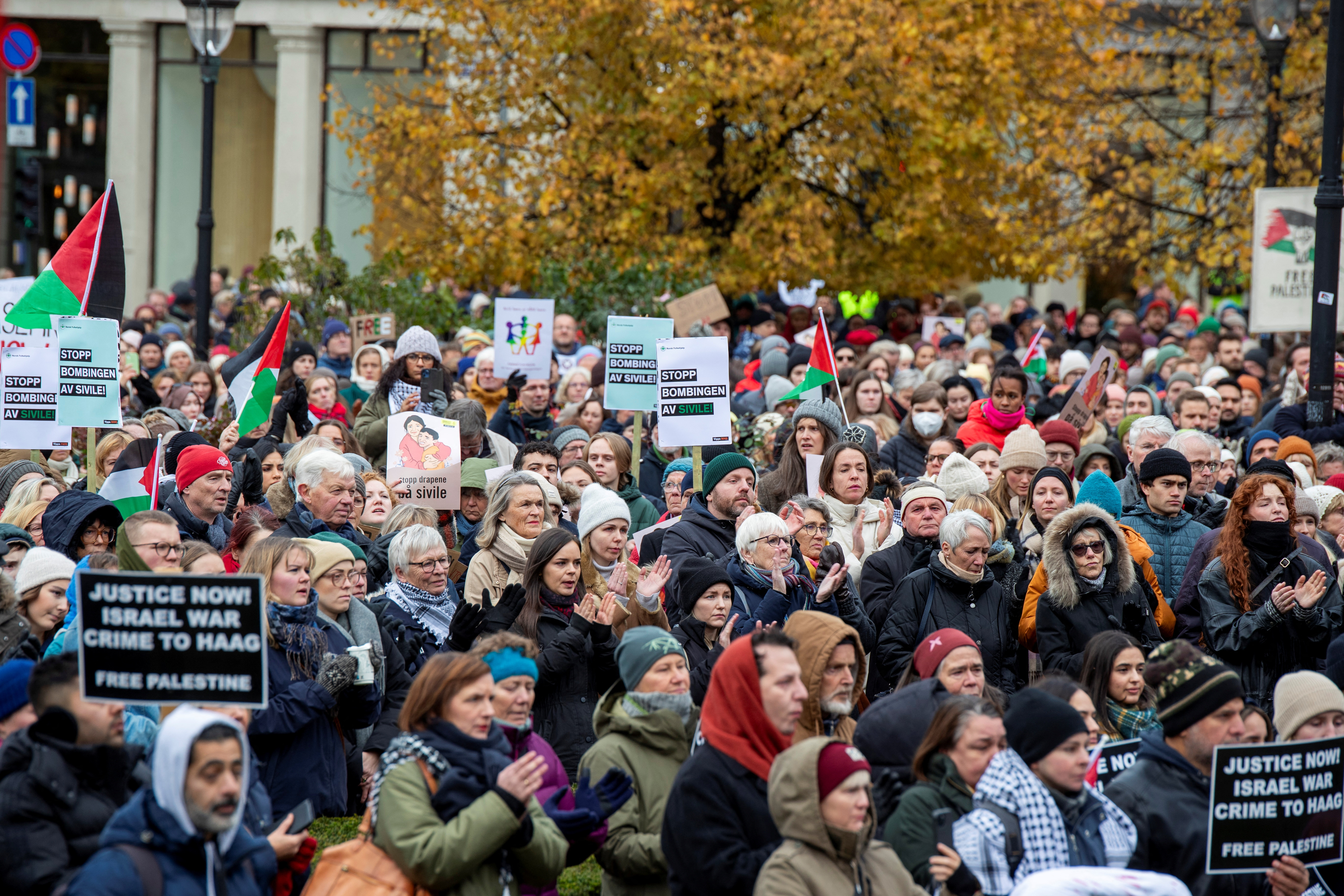 The Church of Norway and several organizations organize a demonstration in front of the Norwegian Parliament, demanding immediate stop to the killing of civilians in Israel and Gaza, in Oslo