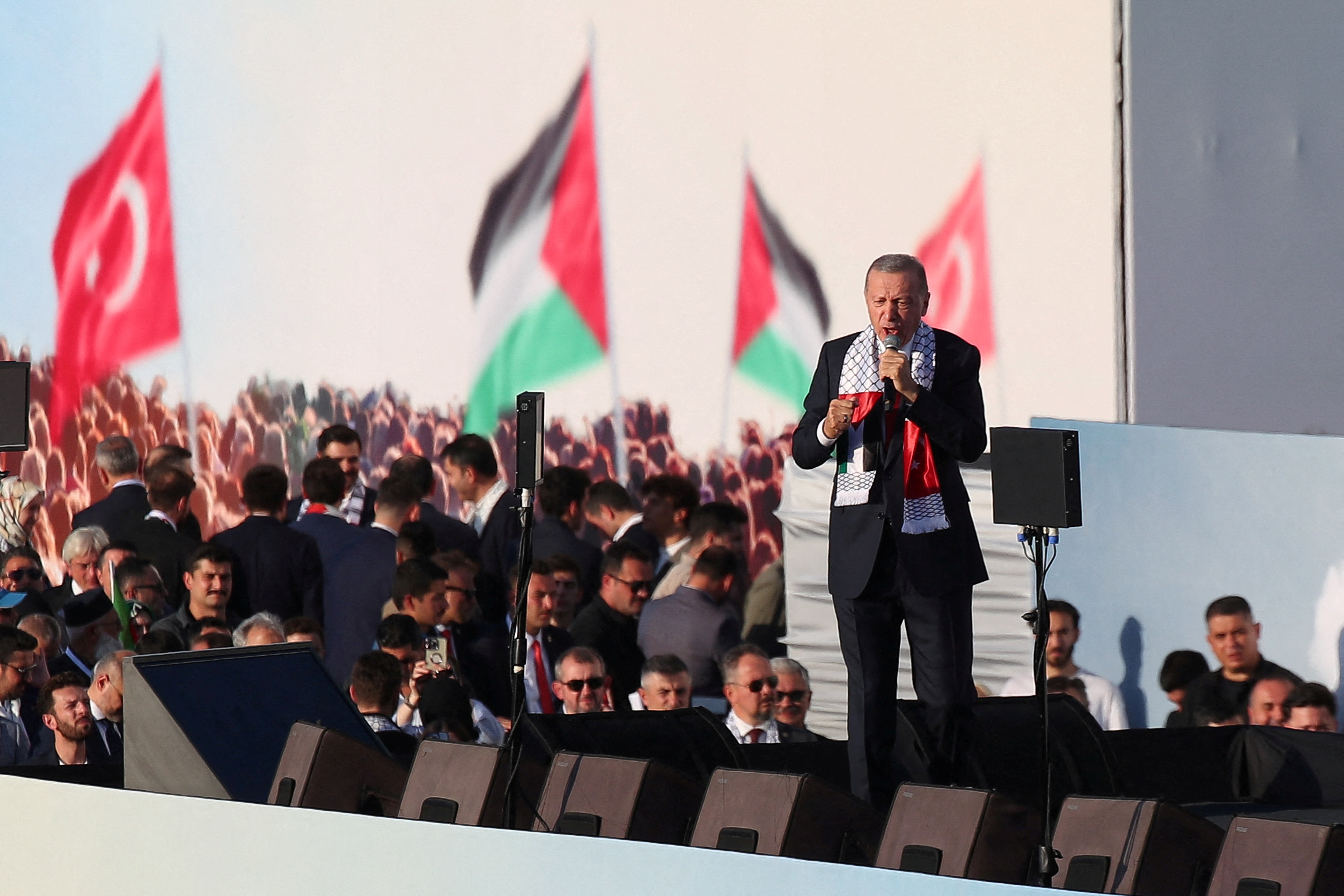 Turkish President Tayyip Erdogan speaks during a rally in solidarity with Palestinians in Gaza, amid the ongoing conflict between Israel and the Palestinian Islamist group Hamas, in Istanbul, Turkey October 28, 2023. REUTERS/Dilara Senkaya