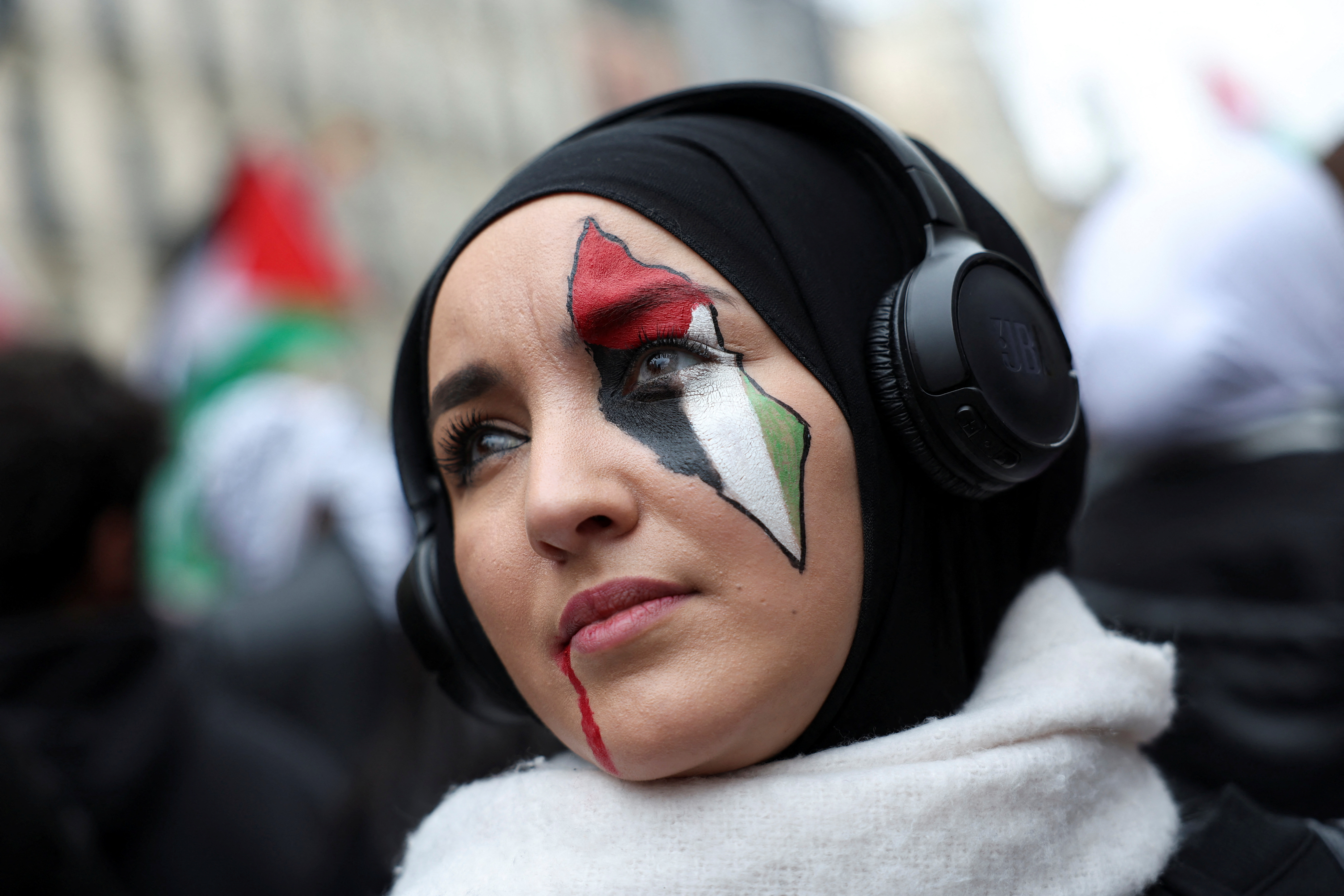 A demonstrator takes part in a protest in support of Palestinians in Gaza