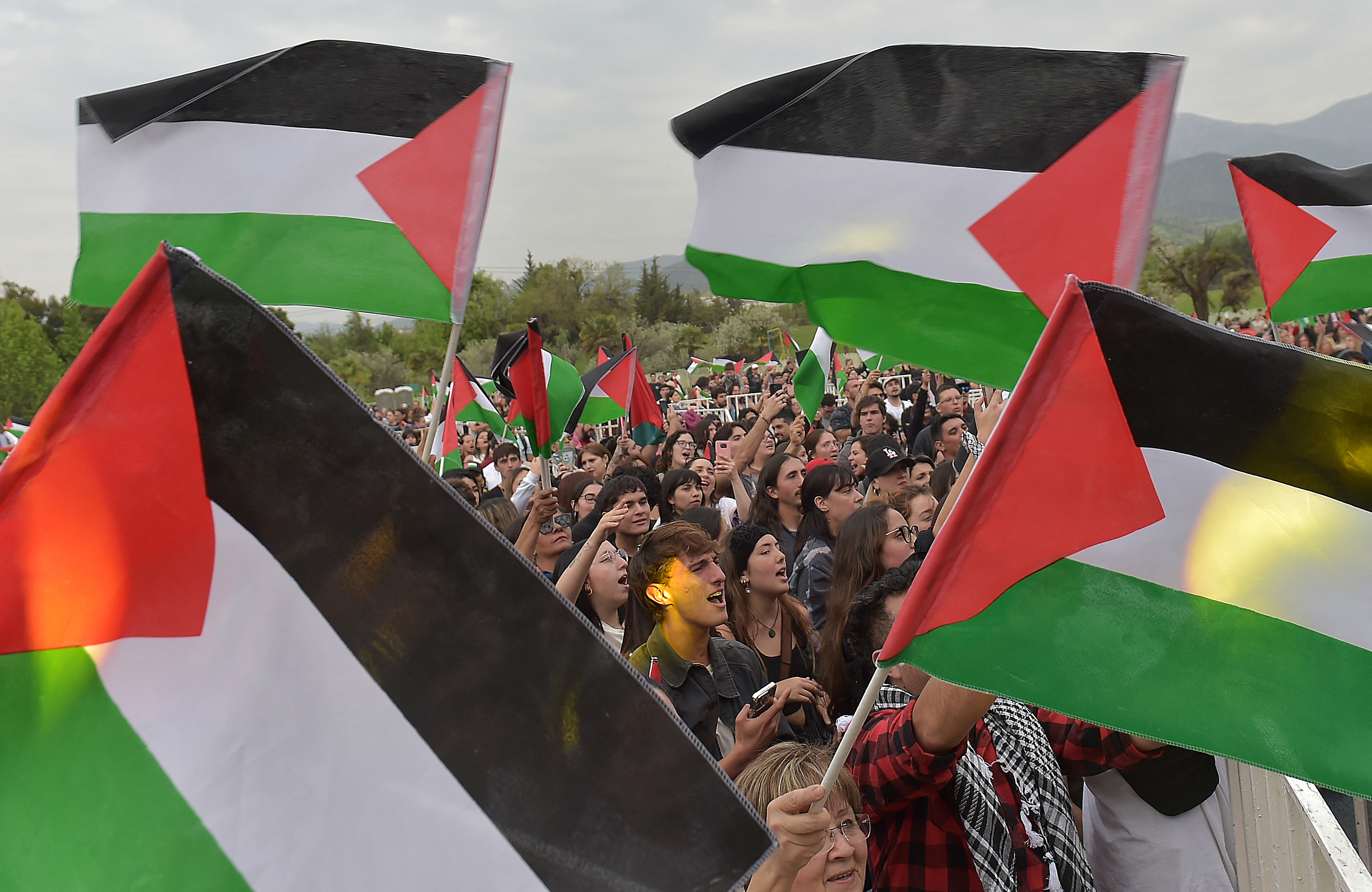 Protesters in Chile hold Palestinian flags amid the continuing bombardment of Gaza