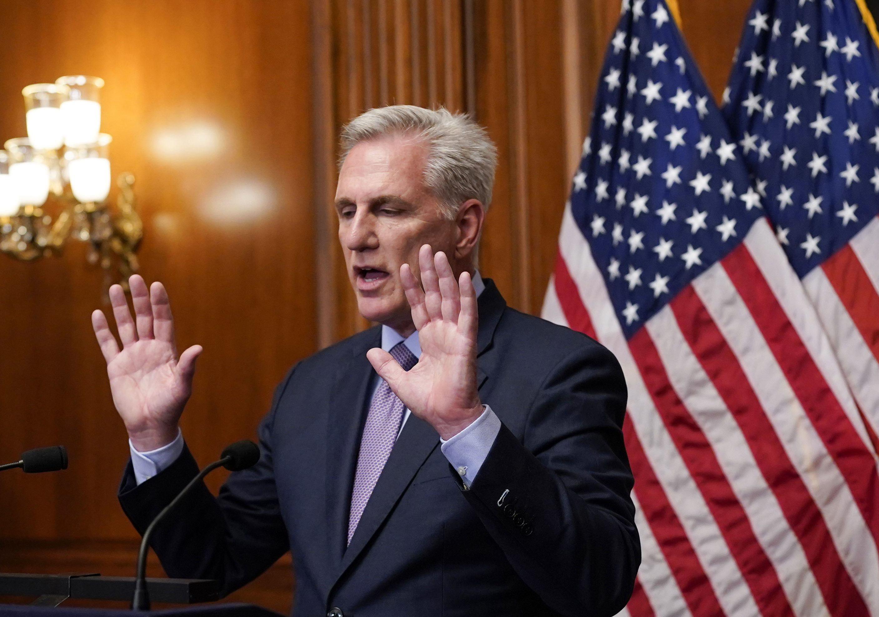 Republican Kevin McCarthy speaks to reporters hours after he was removed as speaker of the House