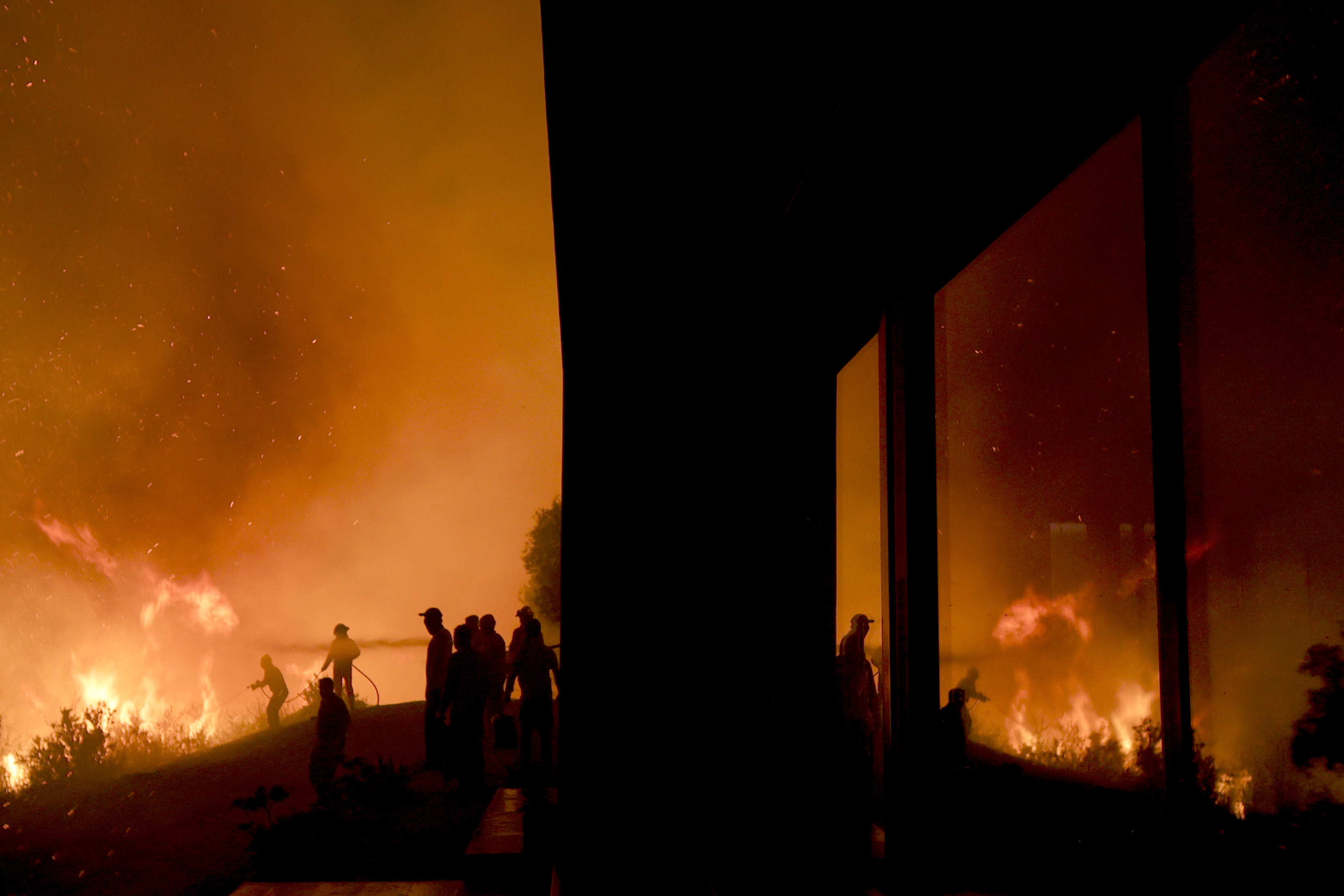 Firefighters work to put out a forest fire