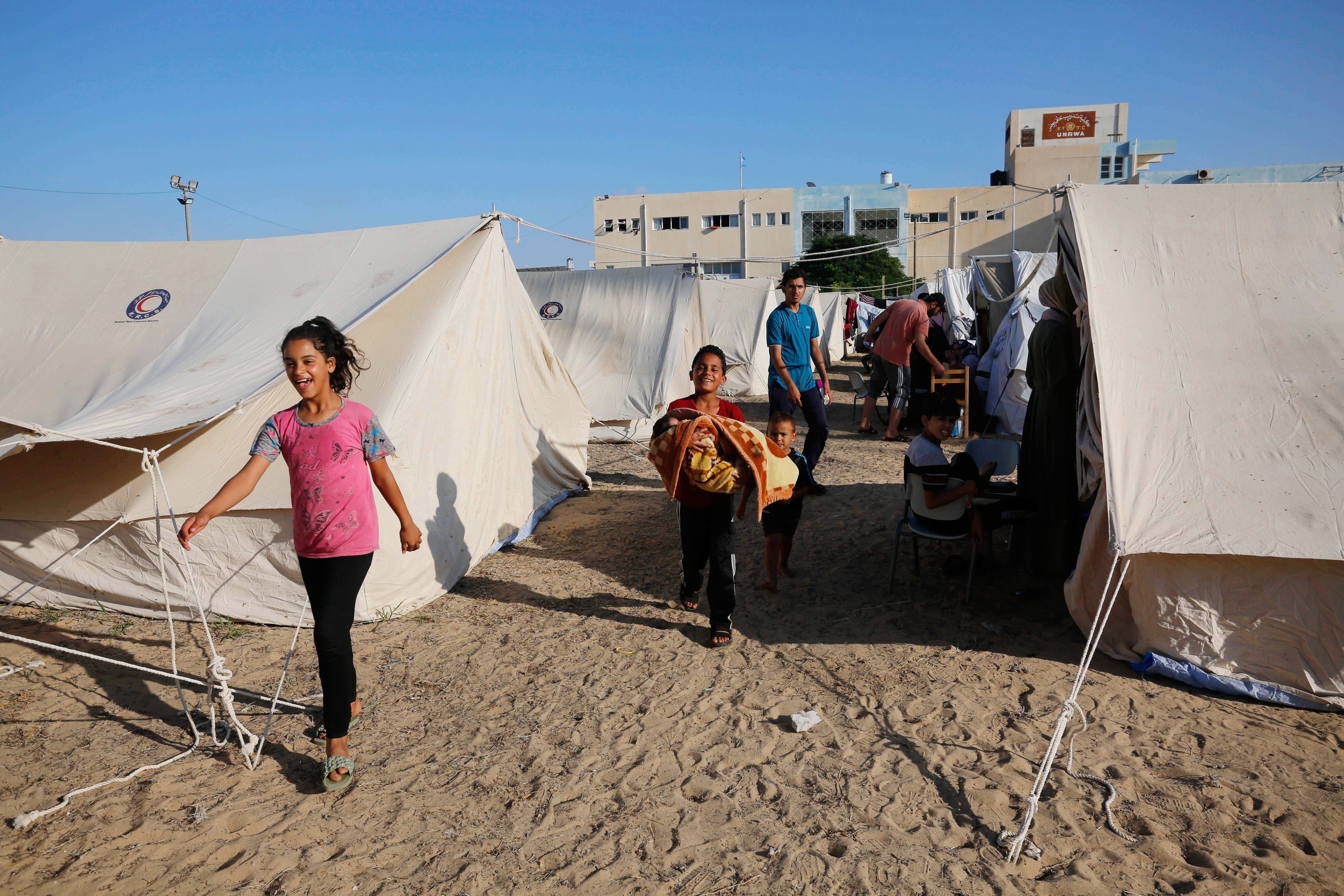 the first camp set up in Khan Younis by UNRWA for the recently displaced people in Gaza