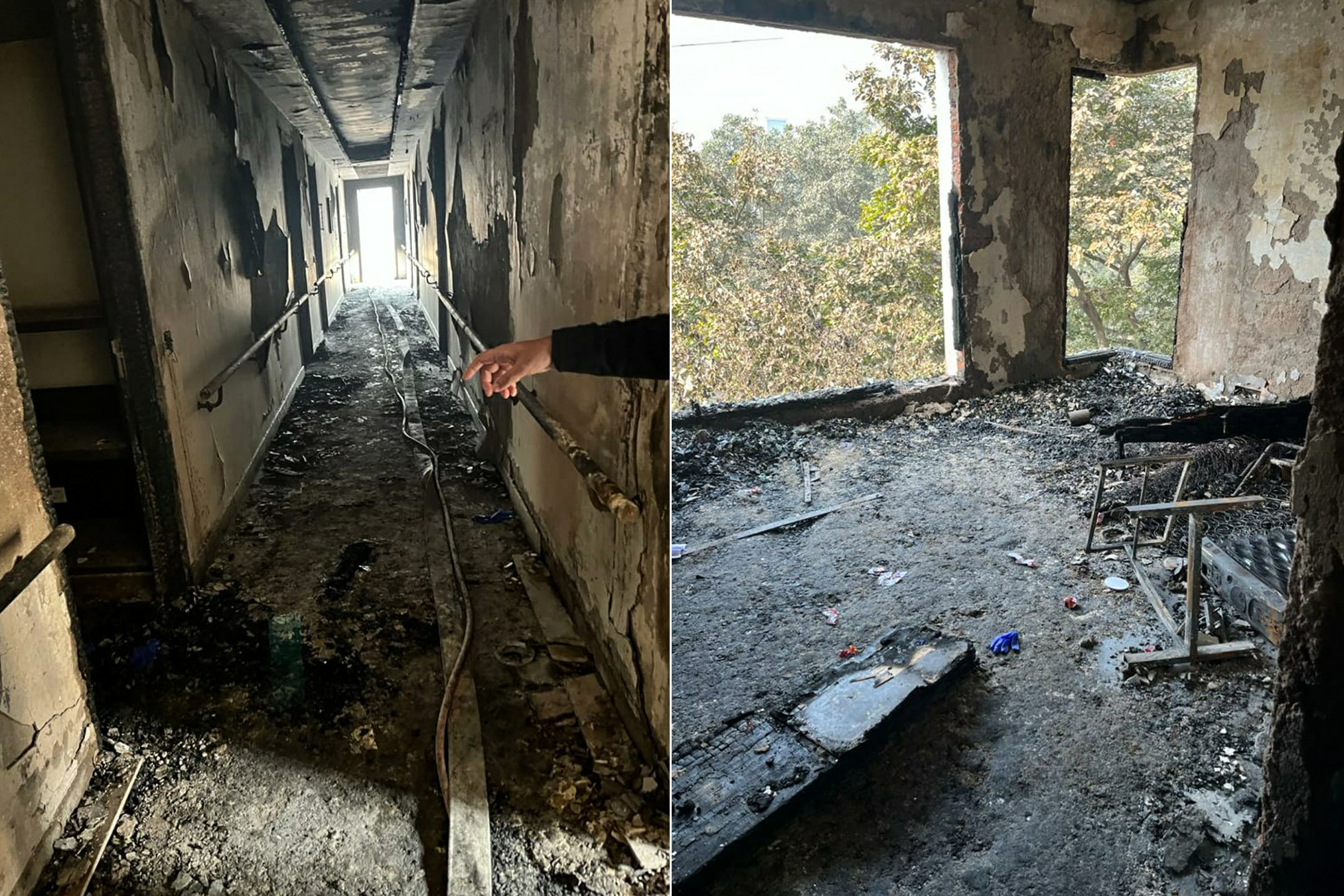 LEFT: The corridor of the 3rd floor of Antara Care Home for Seniors in Delhi, India. A man pointing to the spot where Kanchan Arora's charred body was found. RIGHT: Kamal Arora's Room 302 at Antara Care Home for Seniors. Fire started in this room and spread to the next room and the corridor